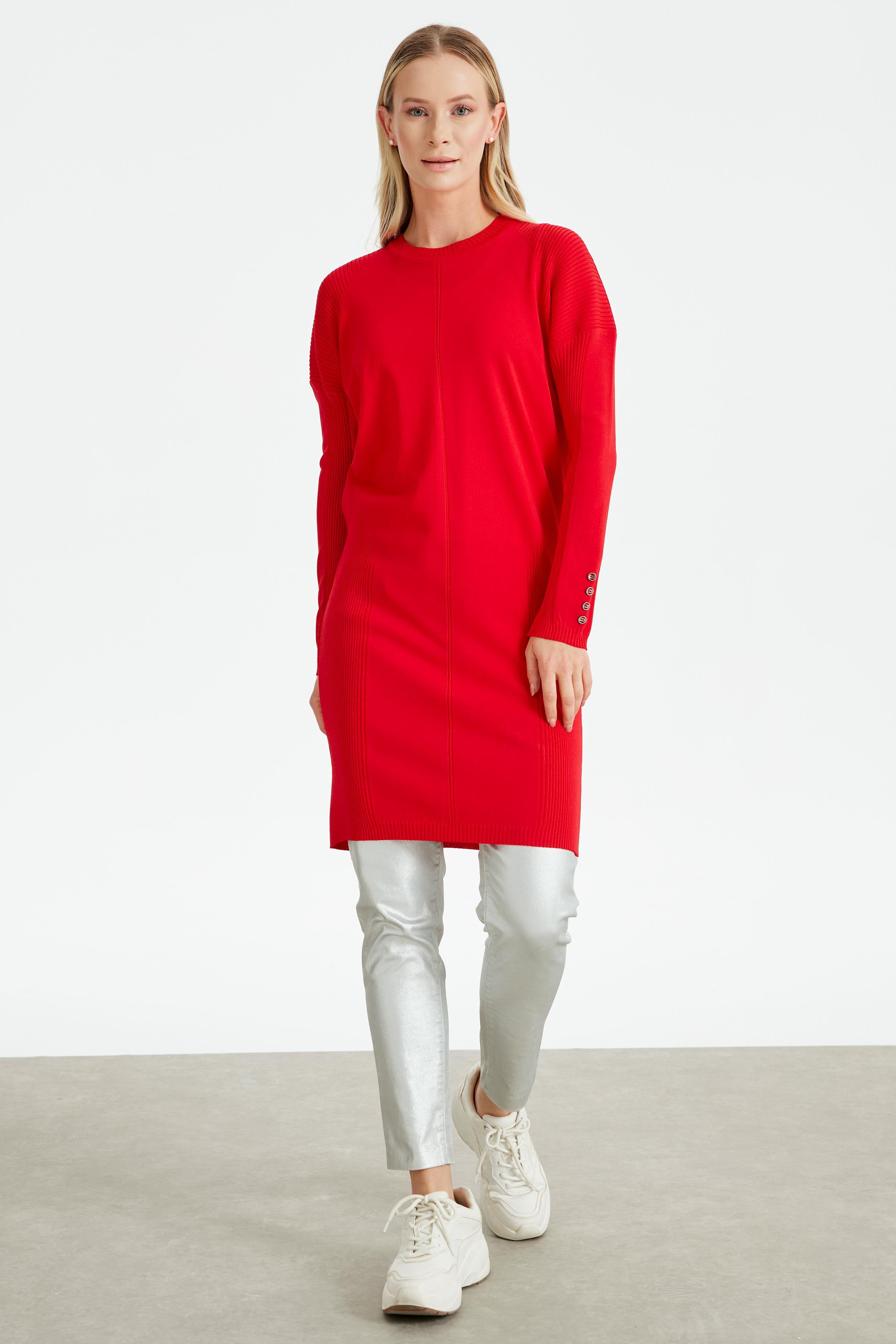 Kolları Düğmeli Örgü Detaylı Rayon Tunik KIRMIZI