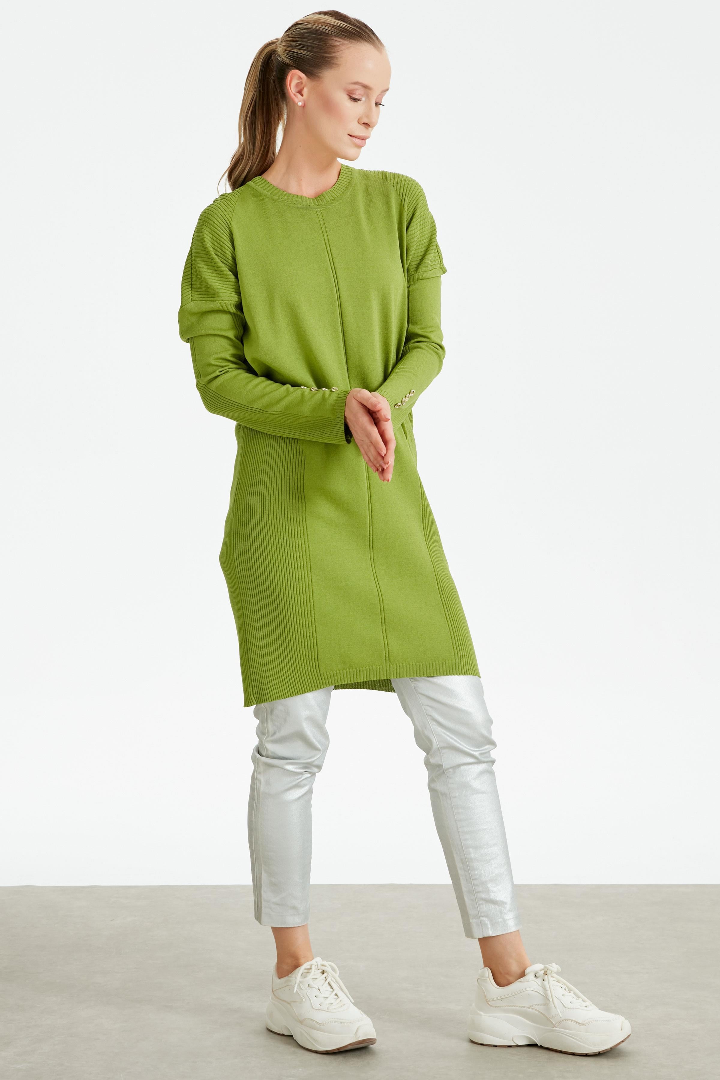 Kolları Düğmeli Örgü Detaylı Rayon Tunik YEŞİL