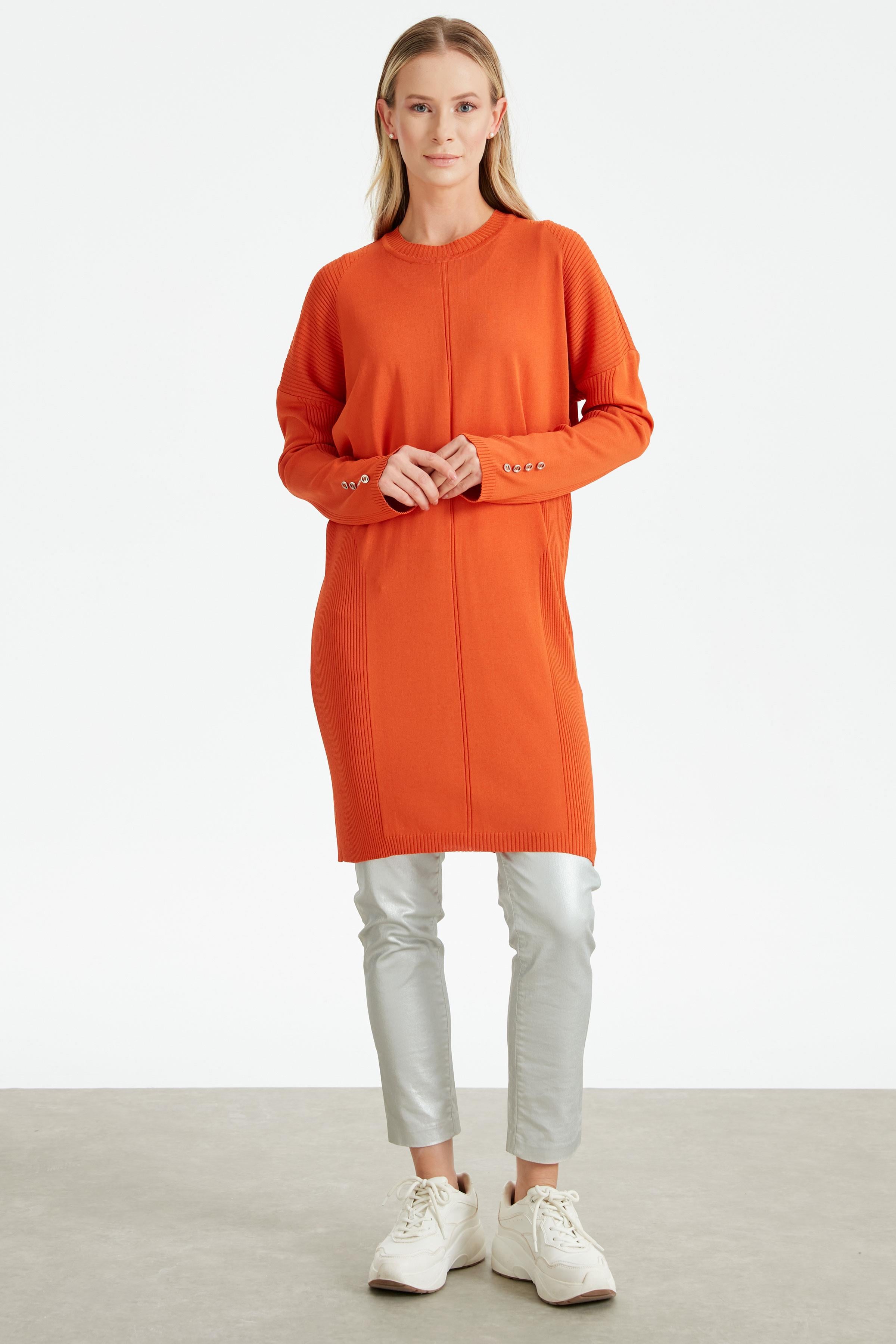 Kolları Düğmeli Örgü Detaylı Rayon Tunik KİREMİT