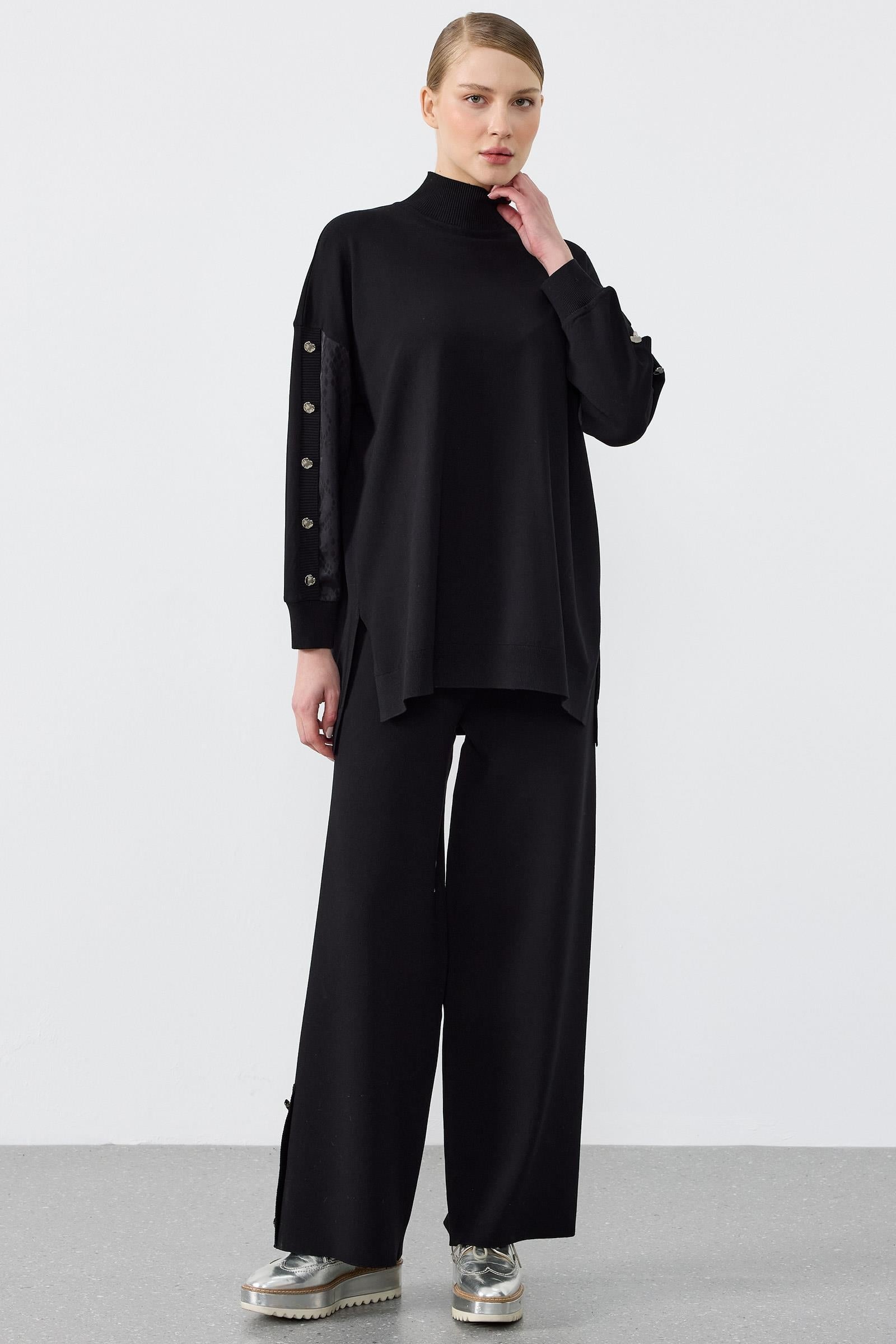 Kolları Kumaş Garnili Düğme Detaylı Tunik Pantolon Takım SİYAH
