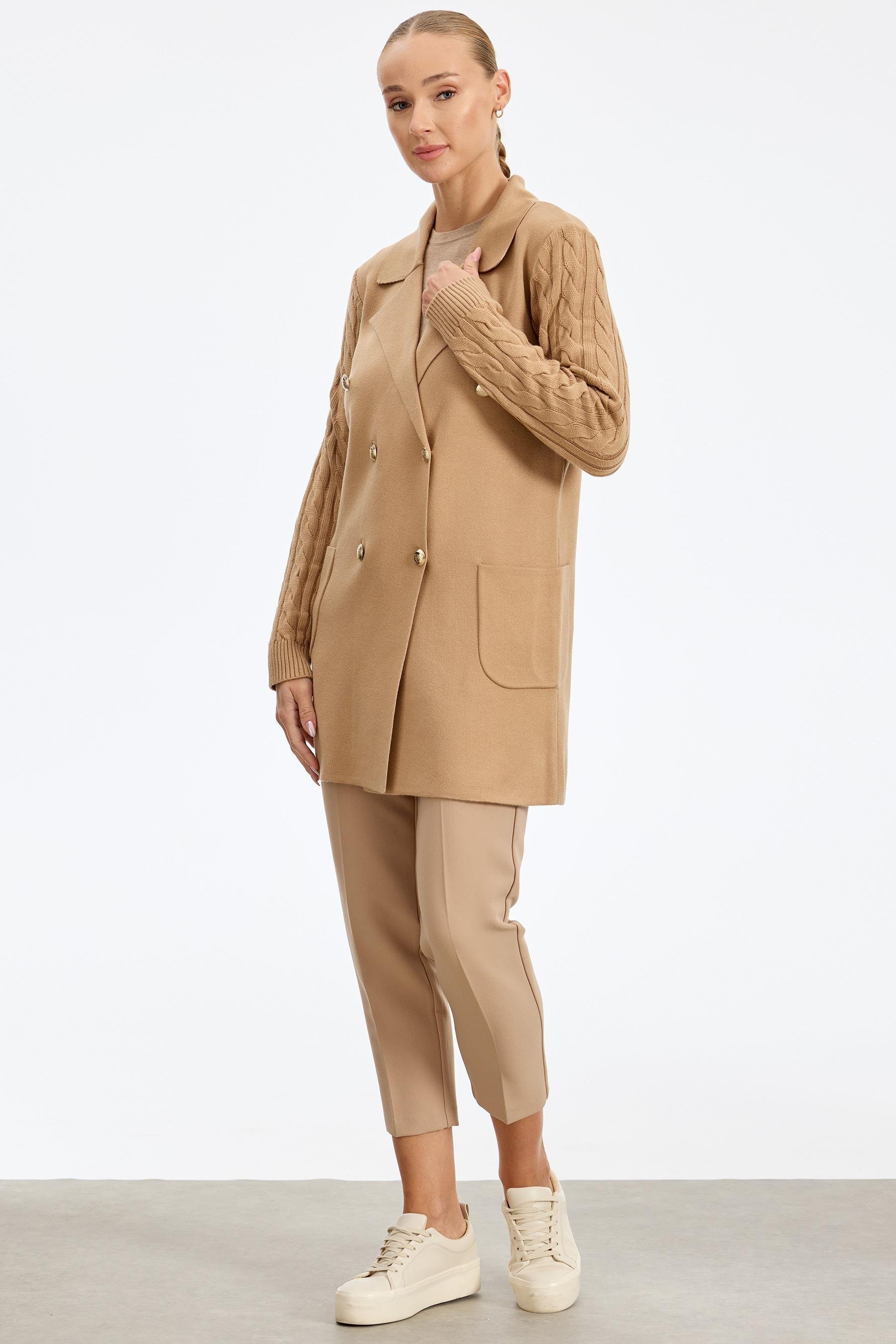 Kolları Saç Örgülü Triko Blazer Ceket CAMEL