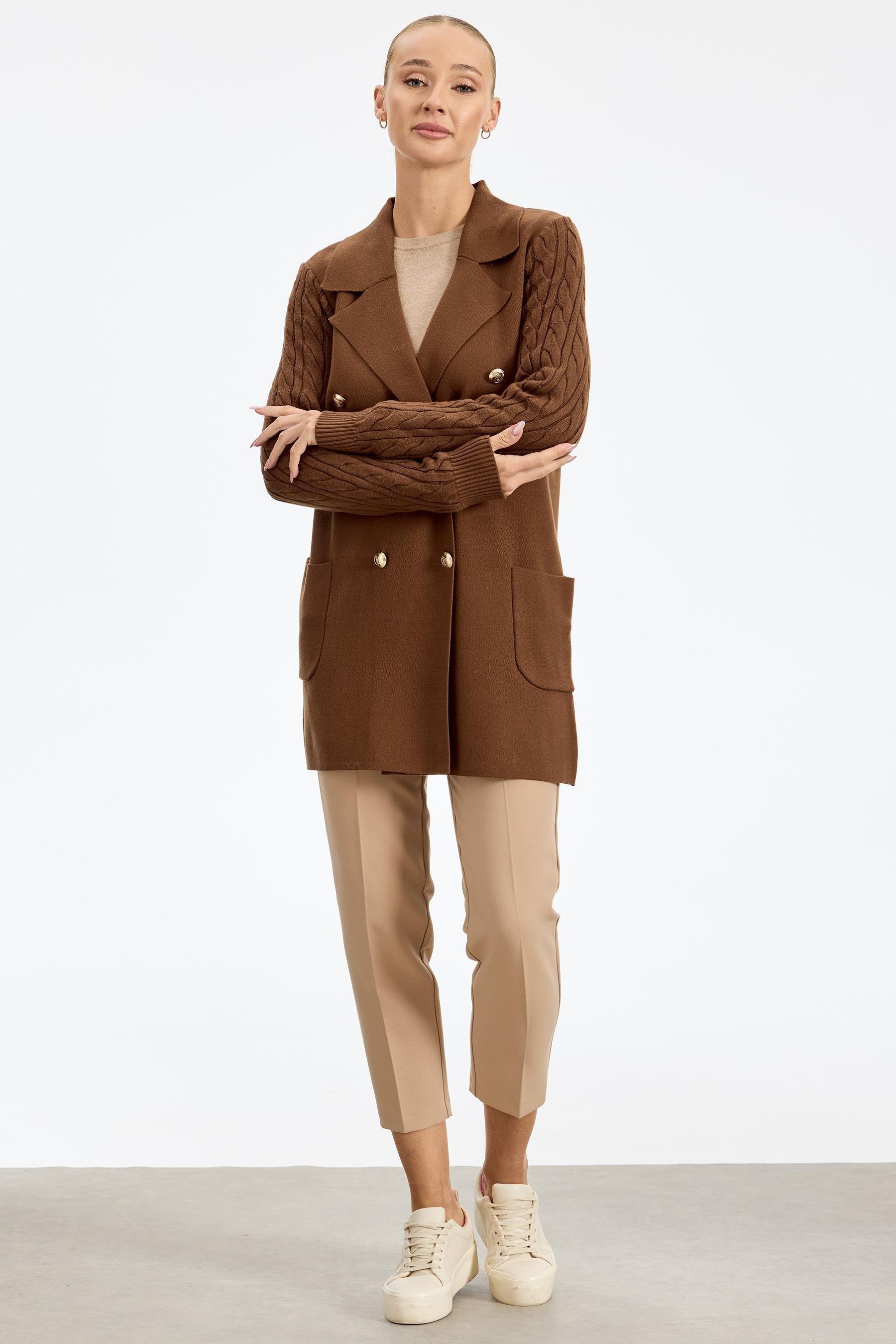 Kolları Saç Örgülü Triko Blazer Ceket KAHVE