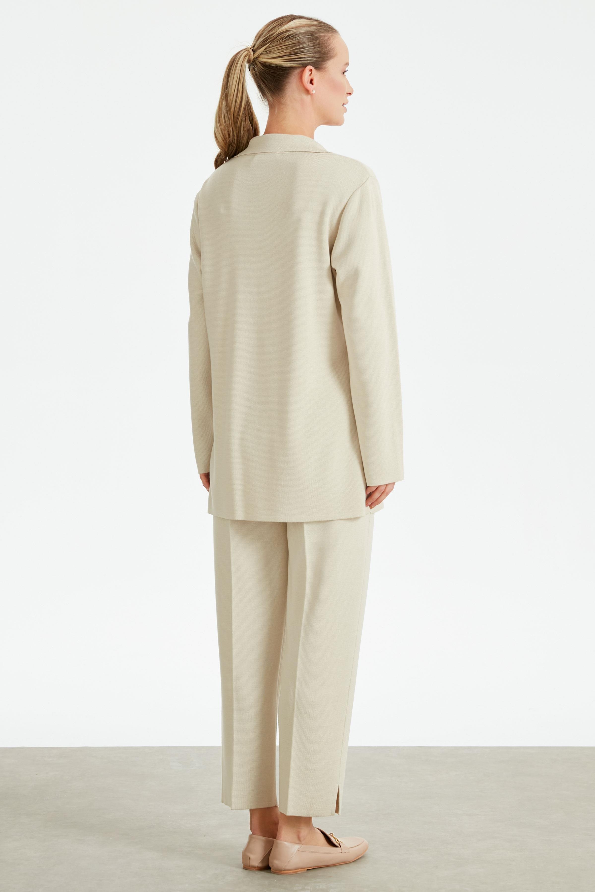 Kruvaze Ceket Pantolon Triko Takım BEJ