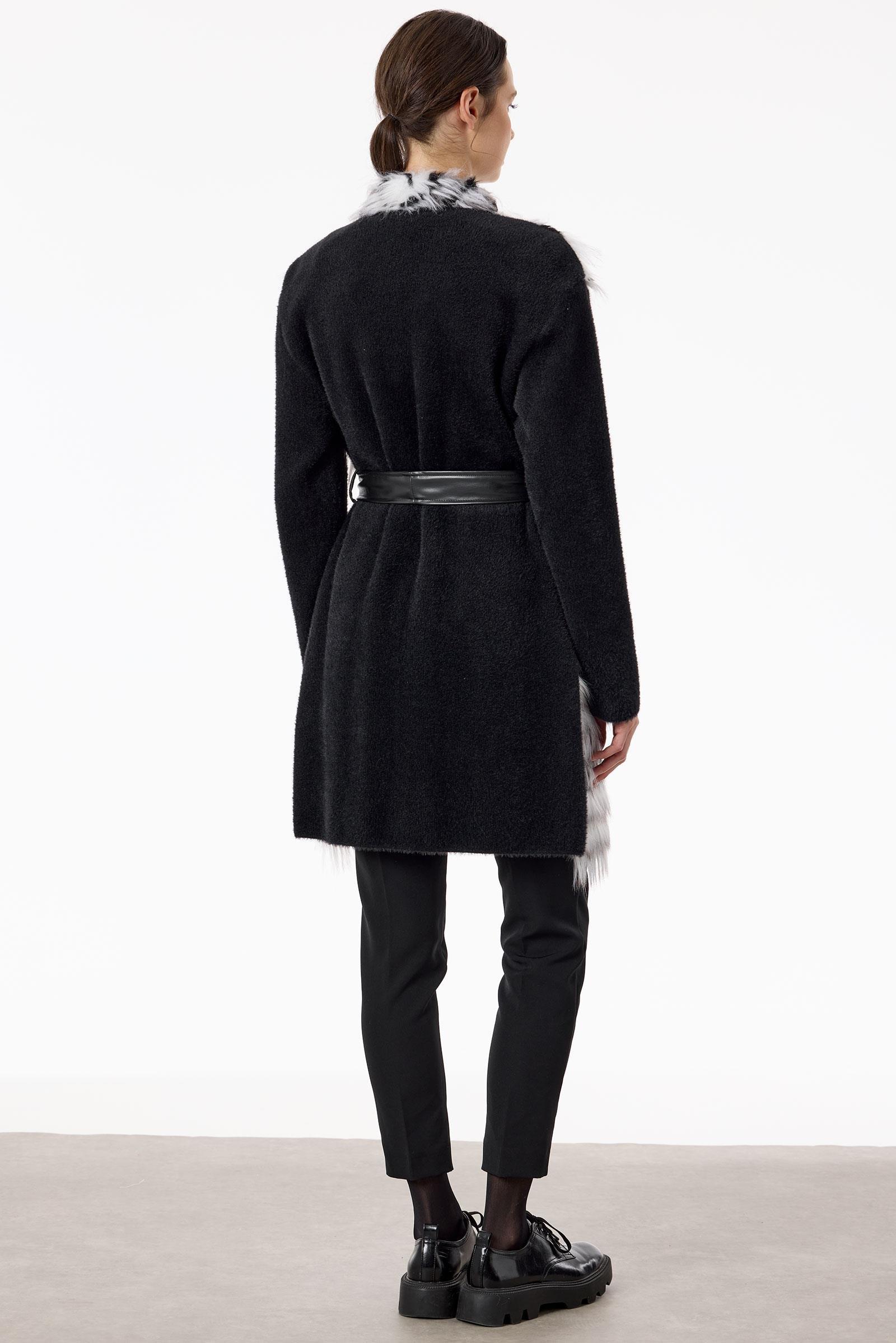 Kürklü Deri Kuşaklı Hırka SİYAH