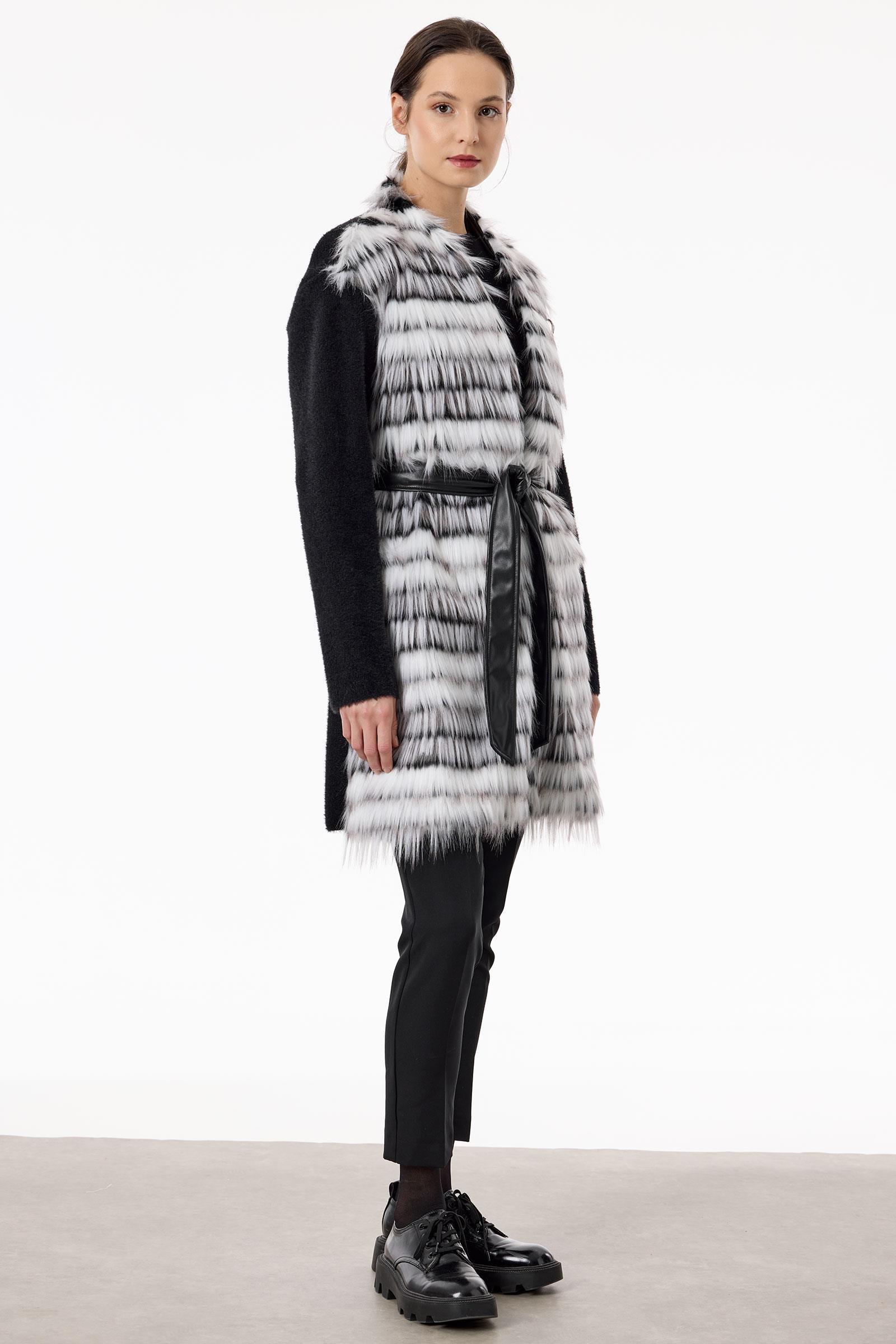 Kürklü Deri Kuşaklı Hırka SİYAH