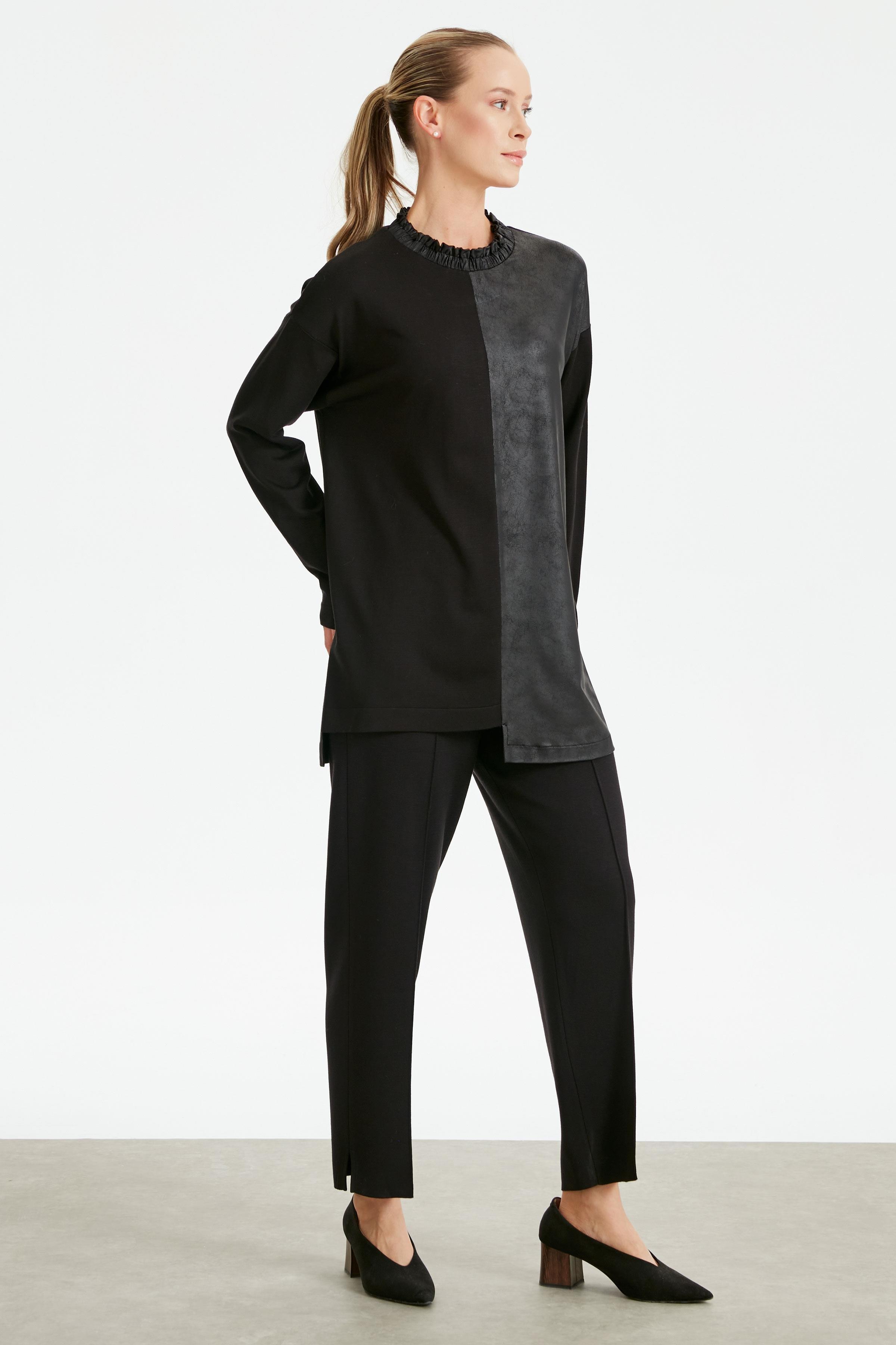 Laklı Deri Kombinli Takım SİYAH