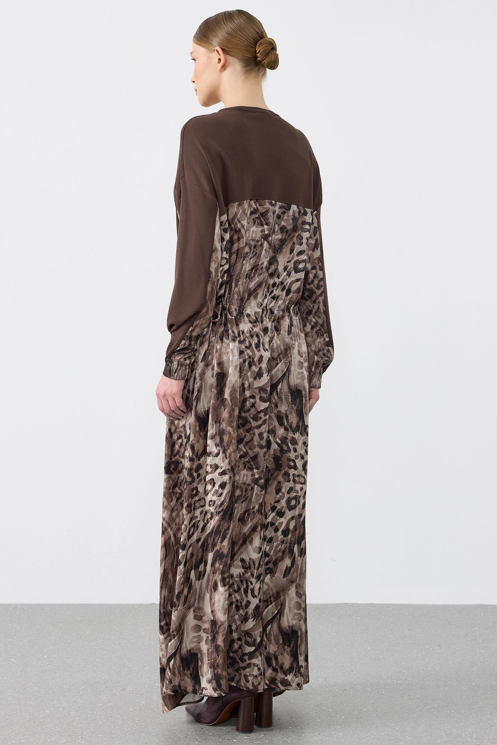 Leopar Desenli Mix Elbise KAHVE