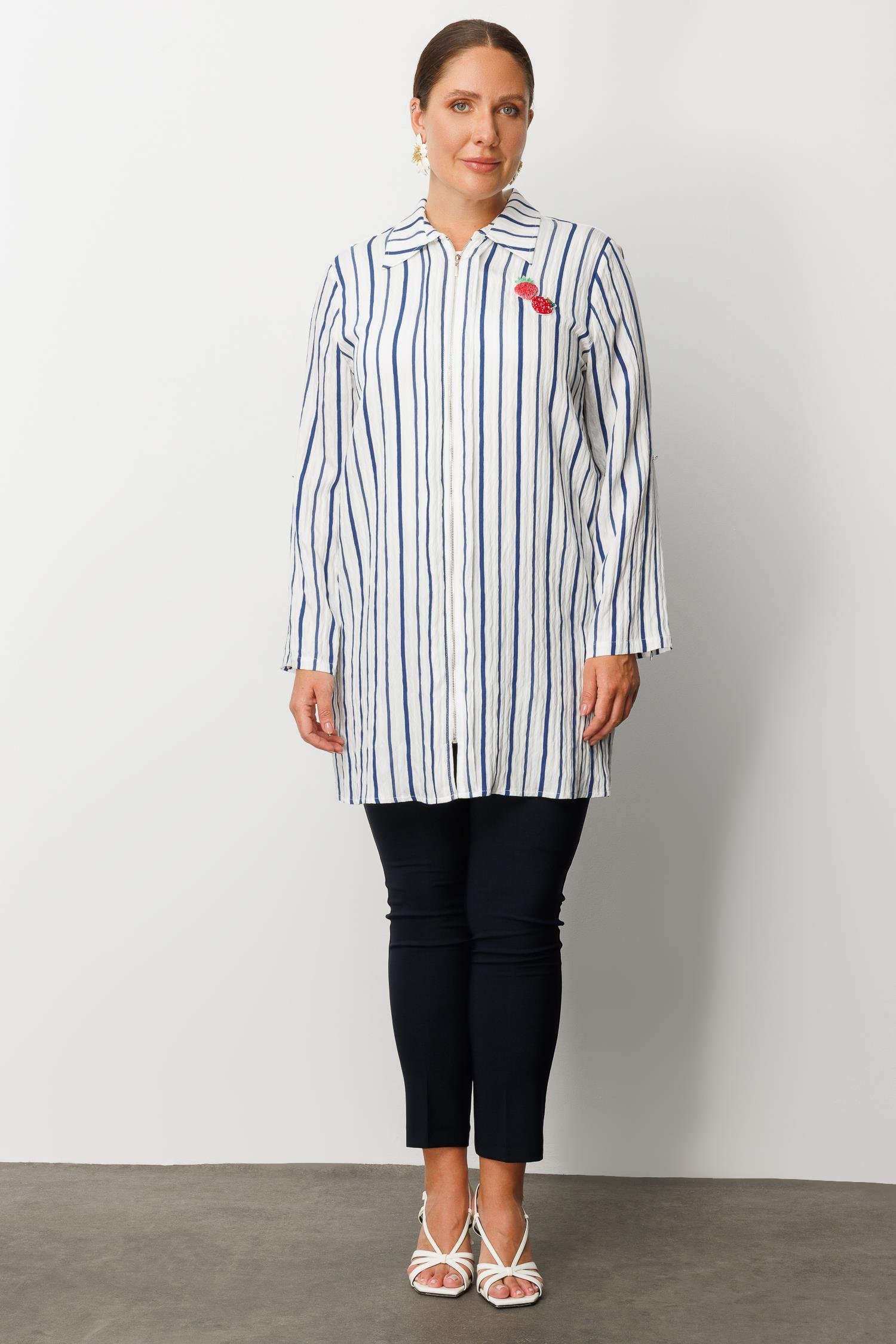 Modailgi  Aksesuar Detaylı Fermuar Kapamalı Çizgili Tunik Lacivert