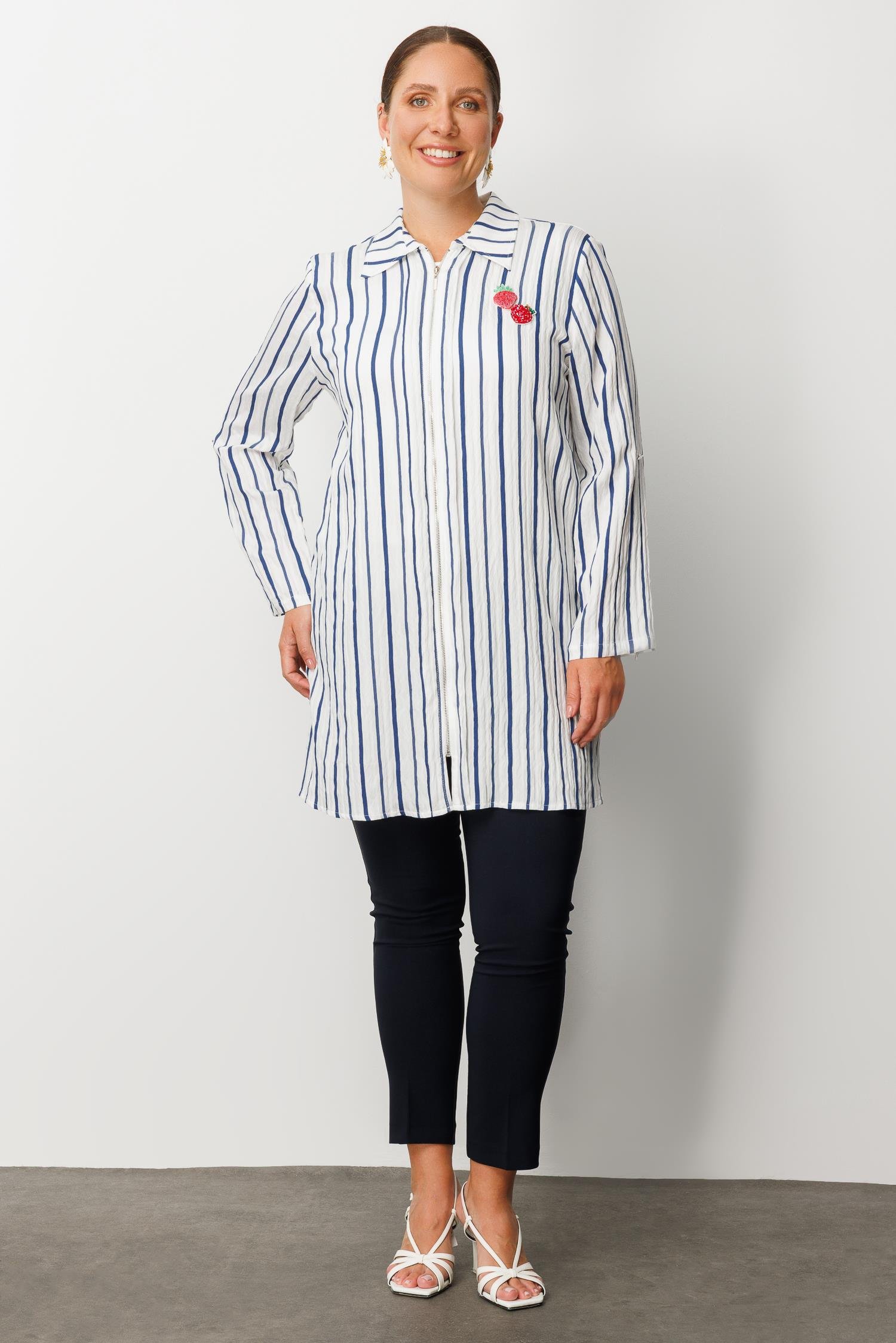 Modailgi  Aksesuar Detaylı Fermuar Kapamalı Çizgili Tunik Lacivert