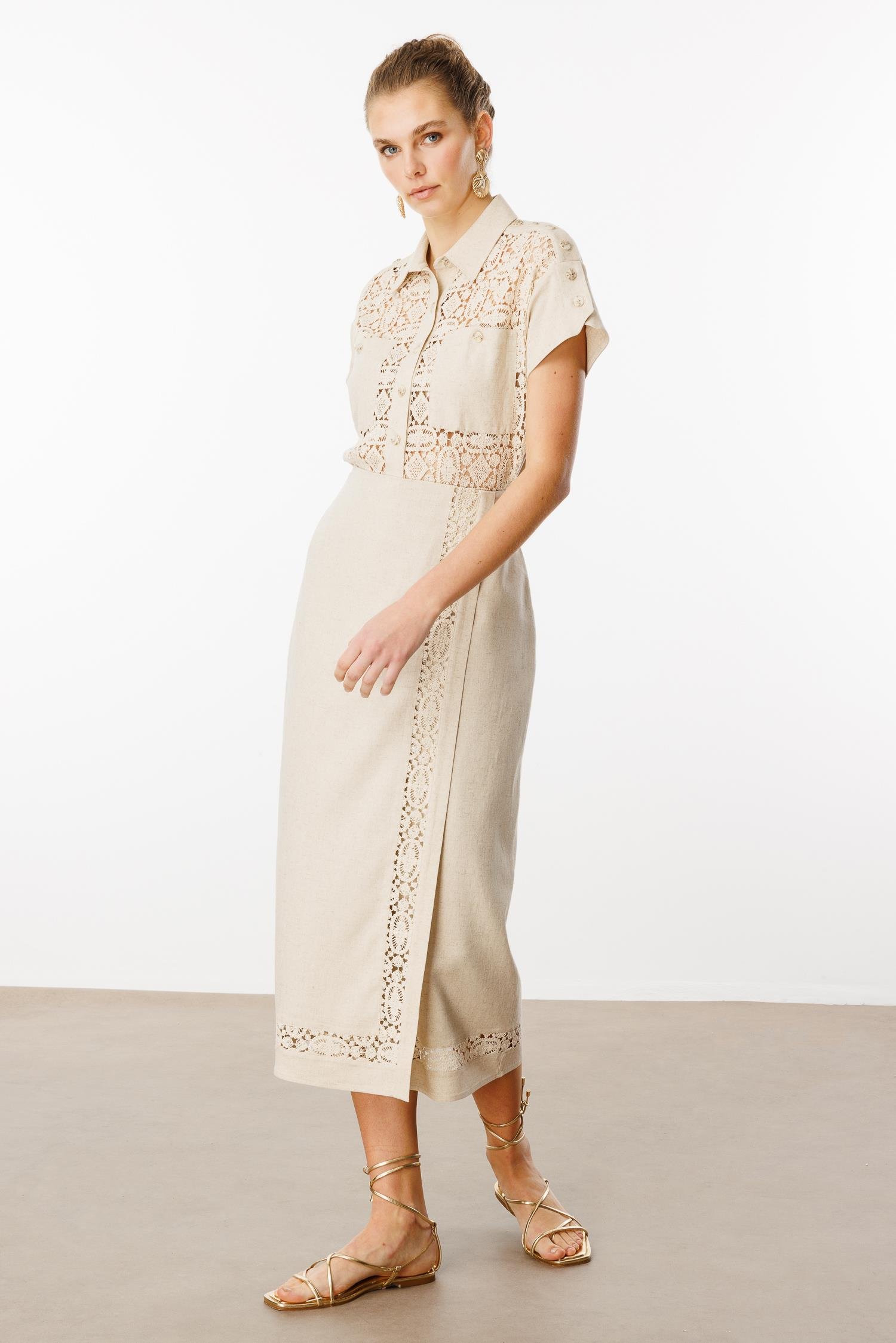 Modailgi  Anvelop Kapama Güpür Şerit Detaylı Yüksek Bel Keten Etek Orijinal