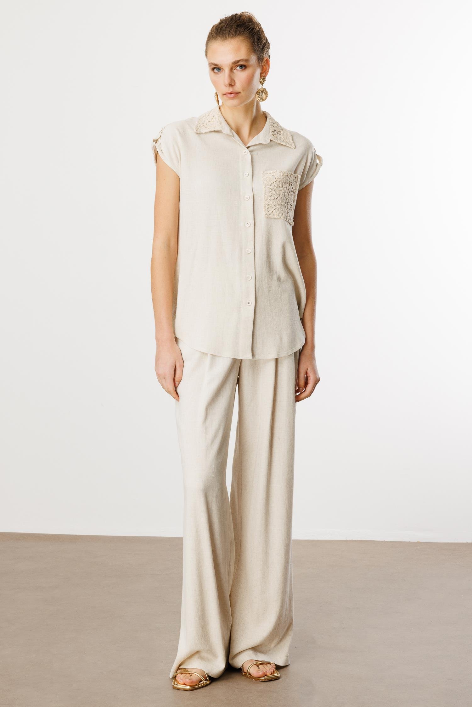 Modailgi  Apoletli Düşük Omuzlu Güpür Kumaş Detaylı Rahat Kesim Gömlek Orijinal