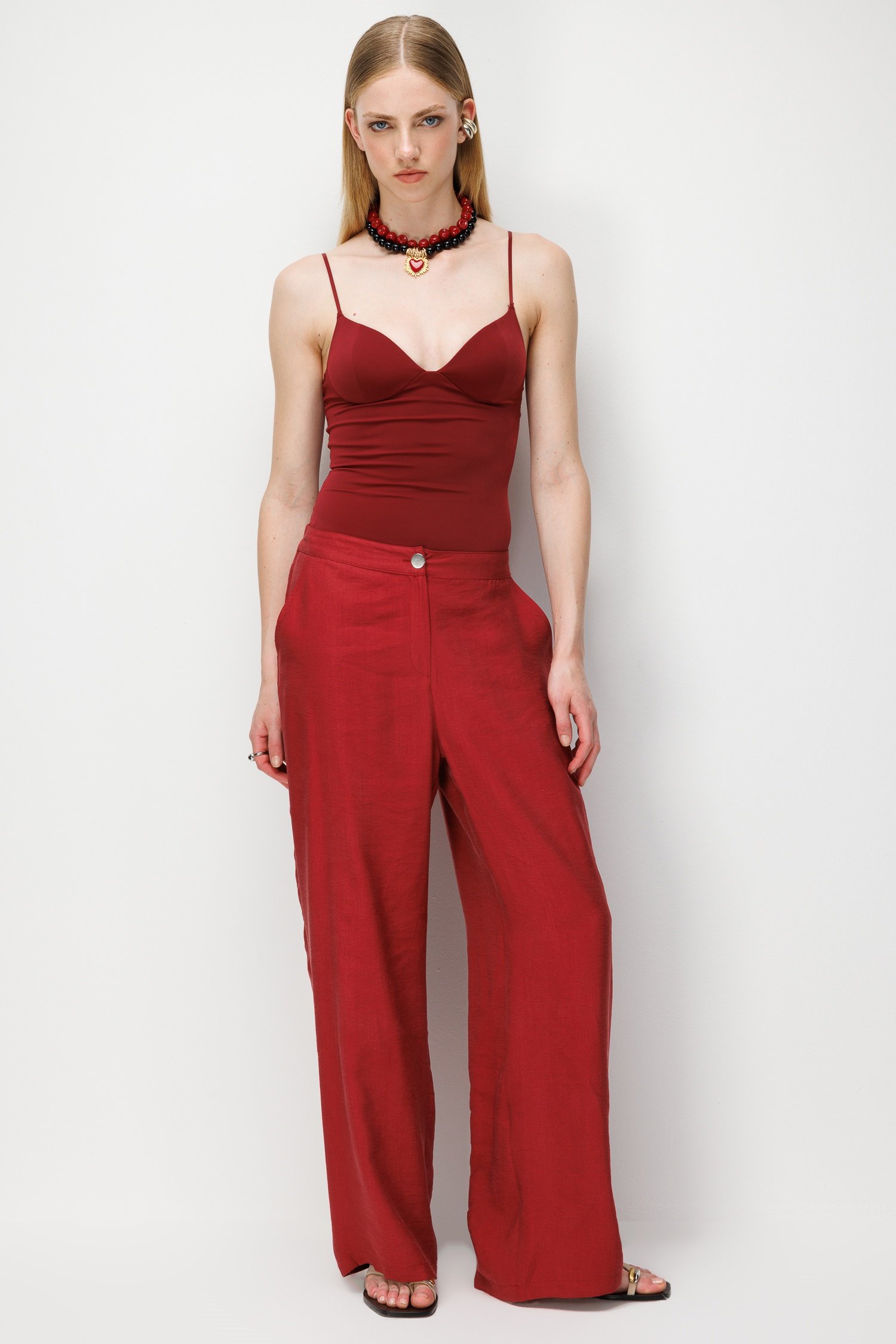 Modailgi  Arka Beli Lastikli Geniş Paça Tensel Pantolon - 75045 Bordo
