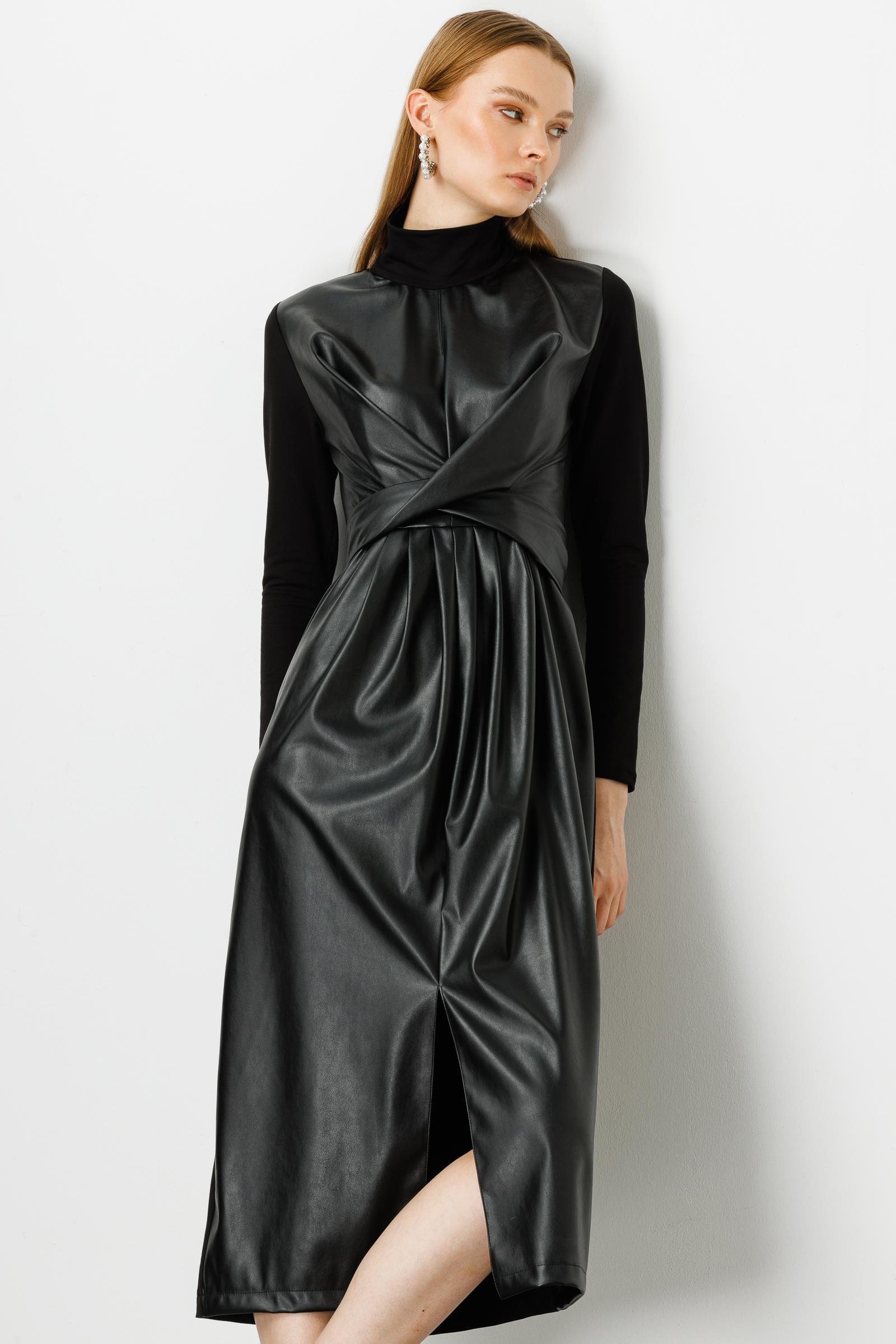 Modailgi  Bağlama Detaylı Yırtmaçlı Deri Elbise Siyah