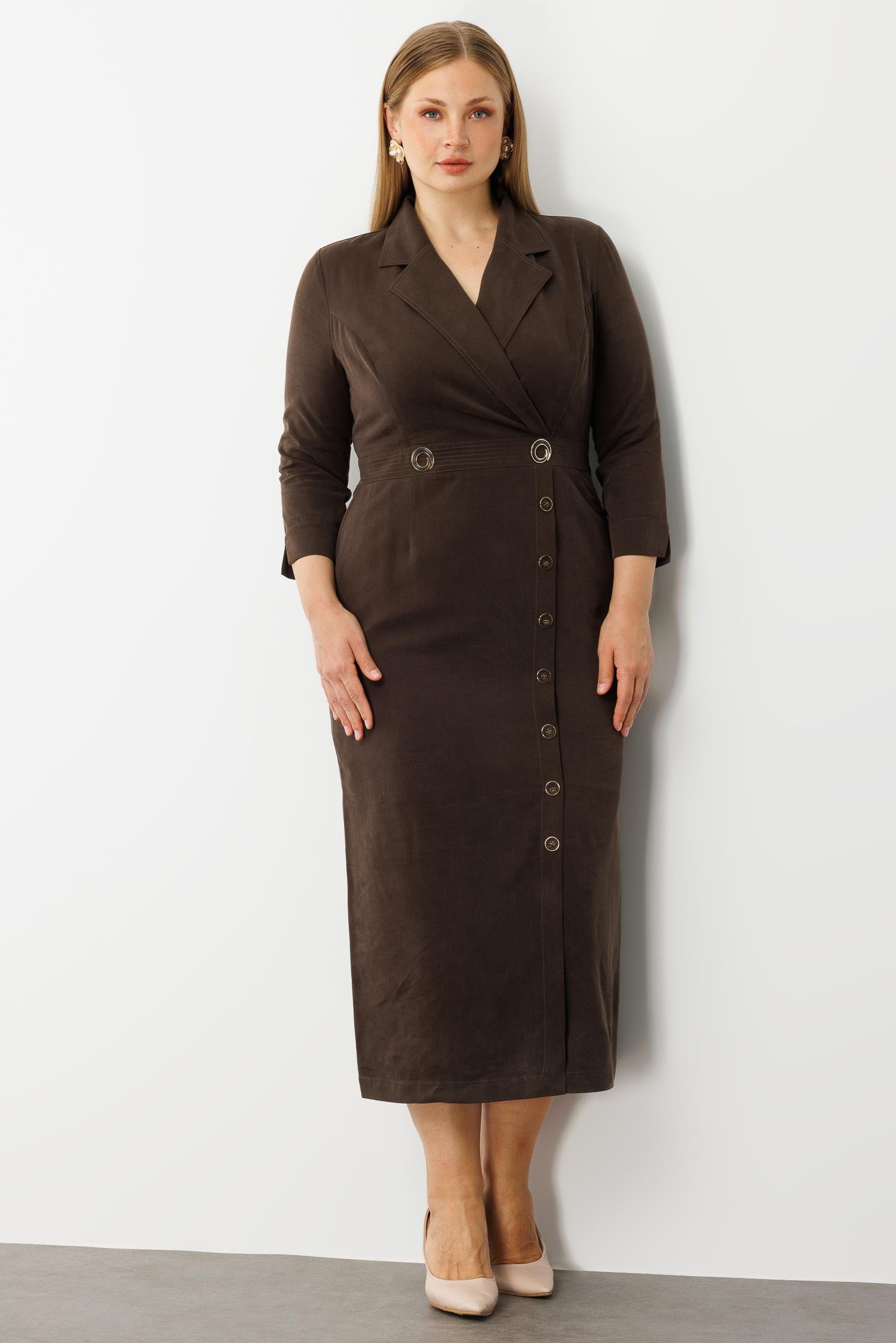 Modailgi  Bel Kemeri Aksesuar Detaylı Kruvaze Elbise Kahve