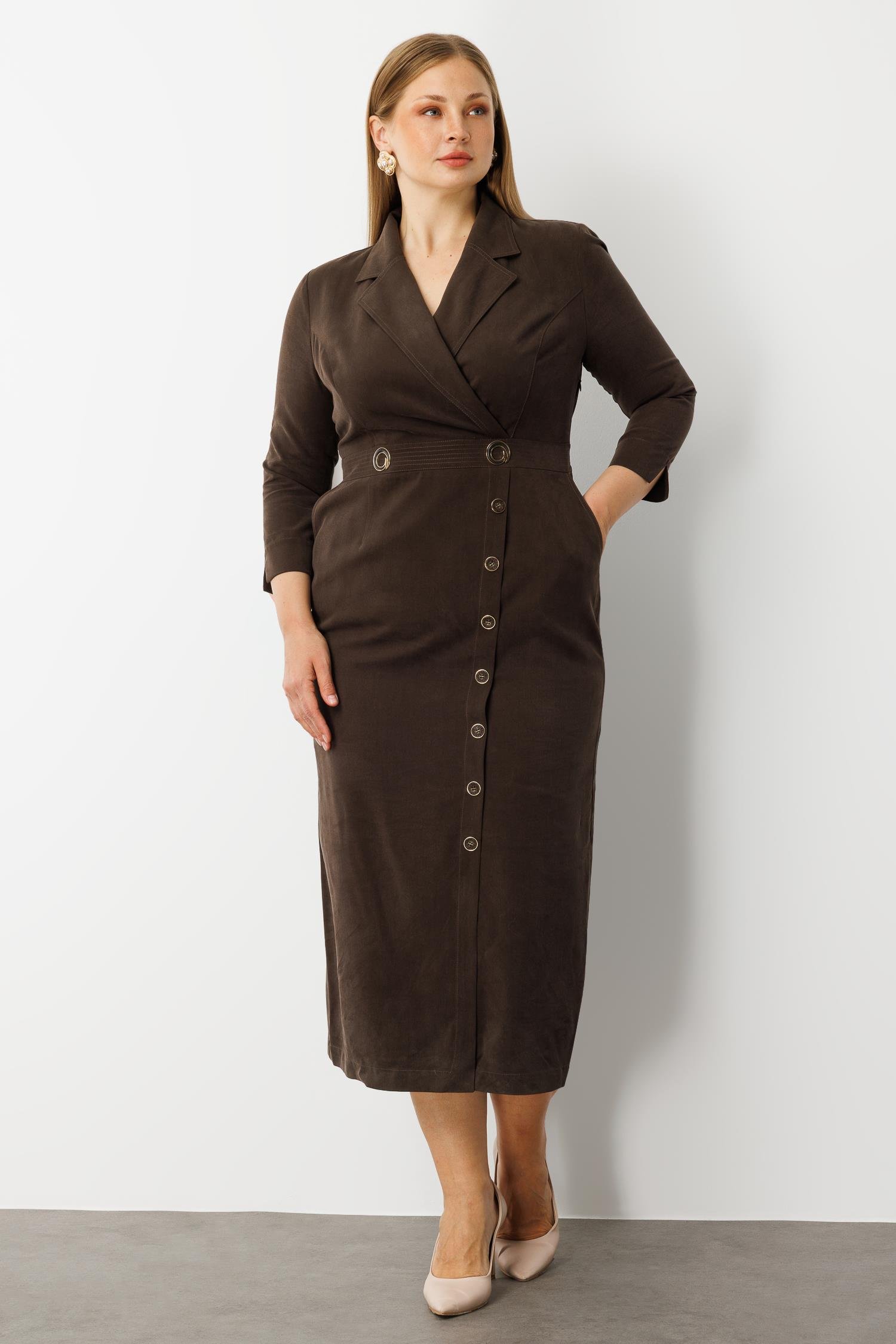 Modailgi  Bel Kemeri Aksesuar Detaylı Kruvaze Elbise Kahve