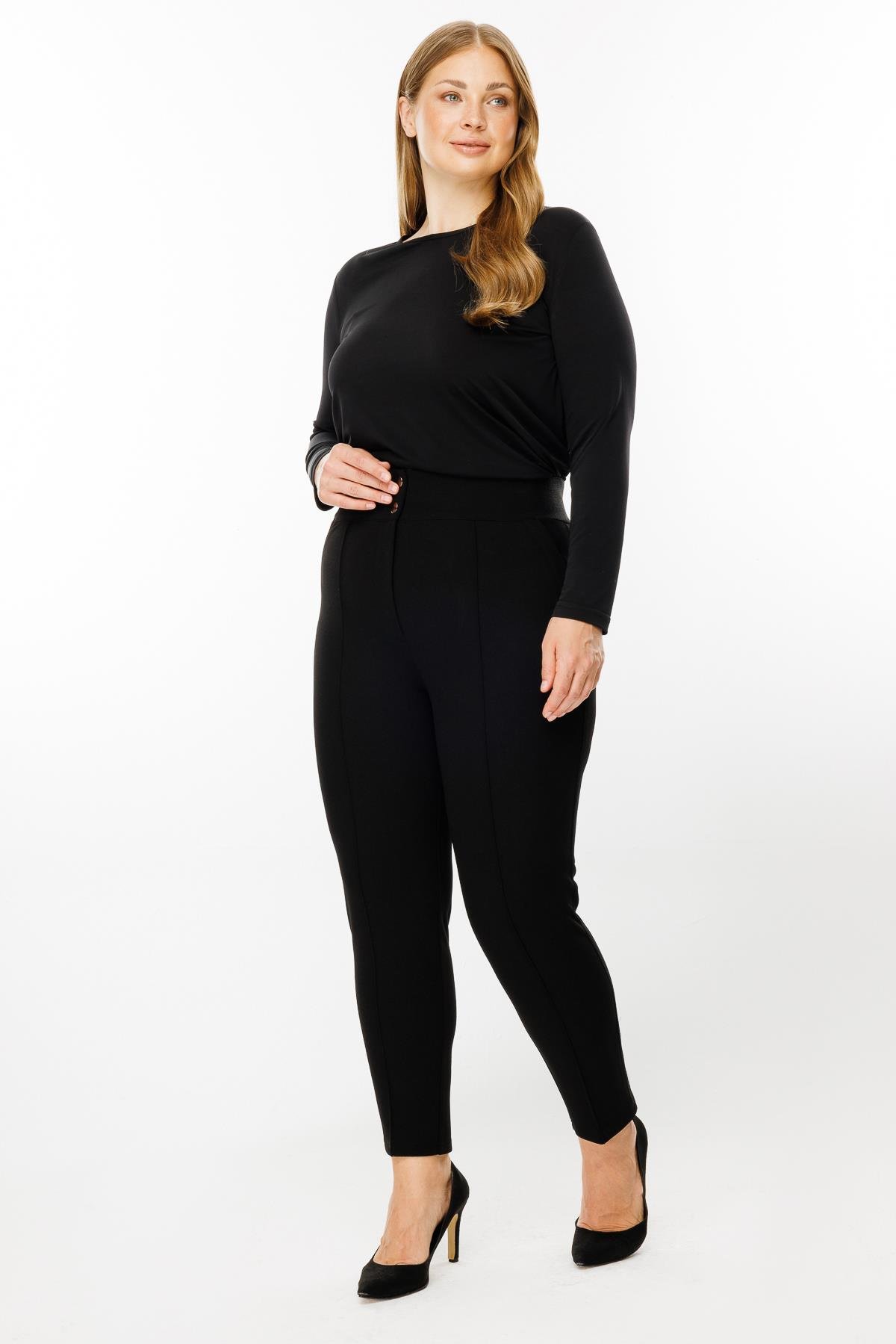 Modailgi  Bel Korsajı Lastikli Geniş Paça Pantolon Siyah