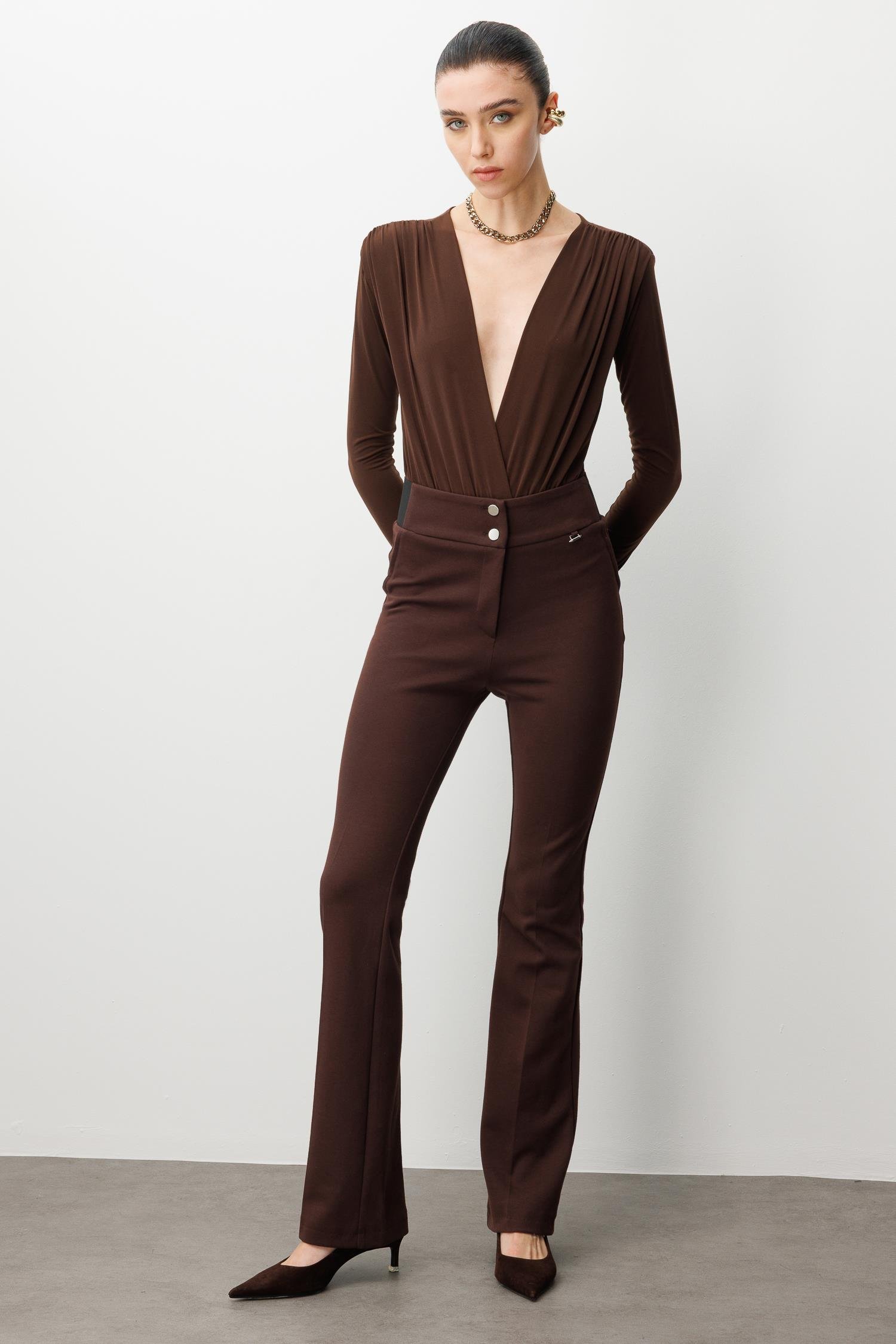 Modailgi  Bel Korsajı Lastikli İspanyol Paça Pantolon Kahve