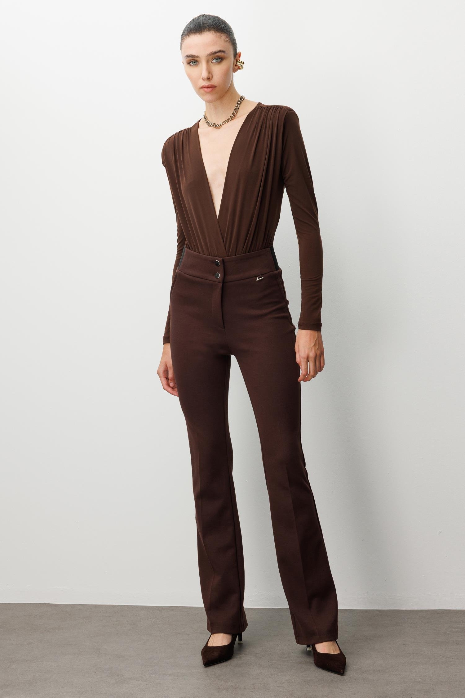 Modailgi  Bel Korsajı Lastikli İspanyol Paça Pantolon Kahve