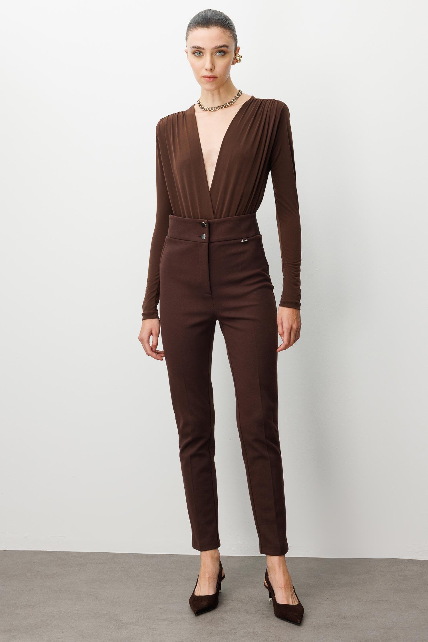 Modailgi  Bel Korsajı Lastikli Pantolon Kahve