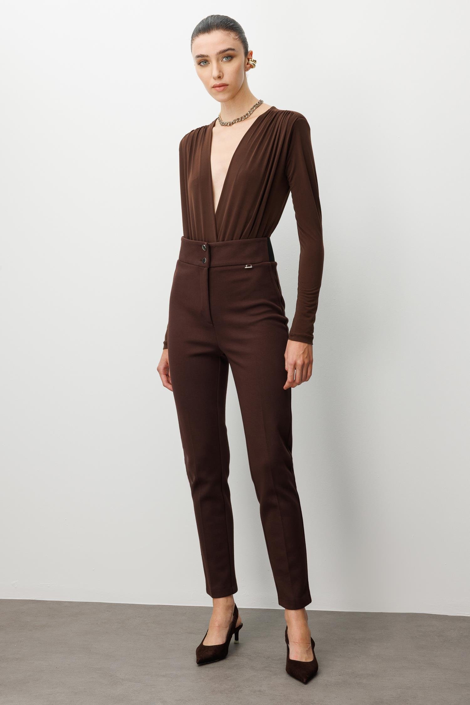 Modailgi  Bel Korsajı Lastikli Pantolon Kahve