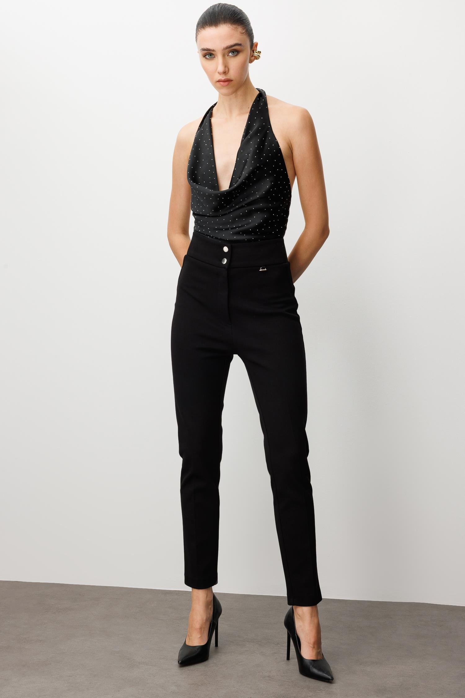 Modailgi  Bel Korsajı Lastikli Pantolon Siyah