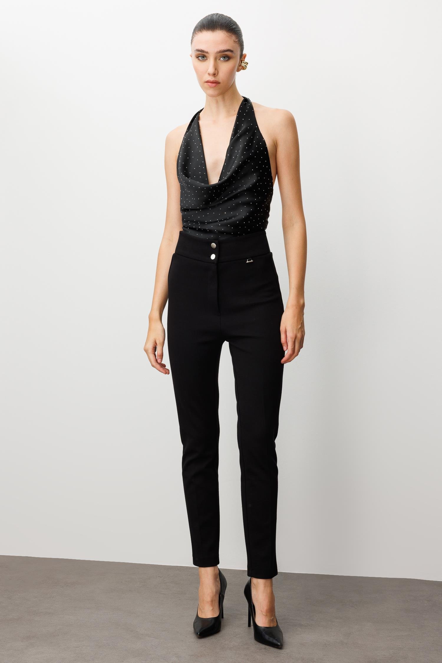 Modailgi  Bel Korsajı Lastikli Pantolon Siyah