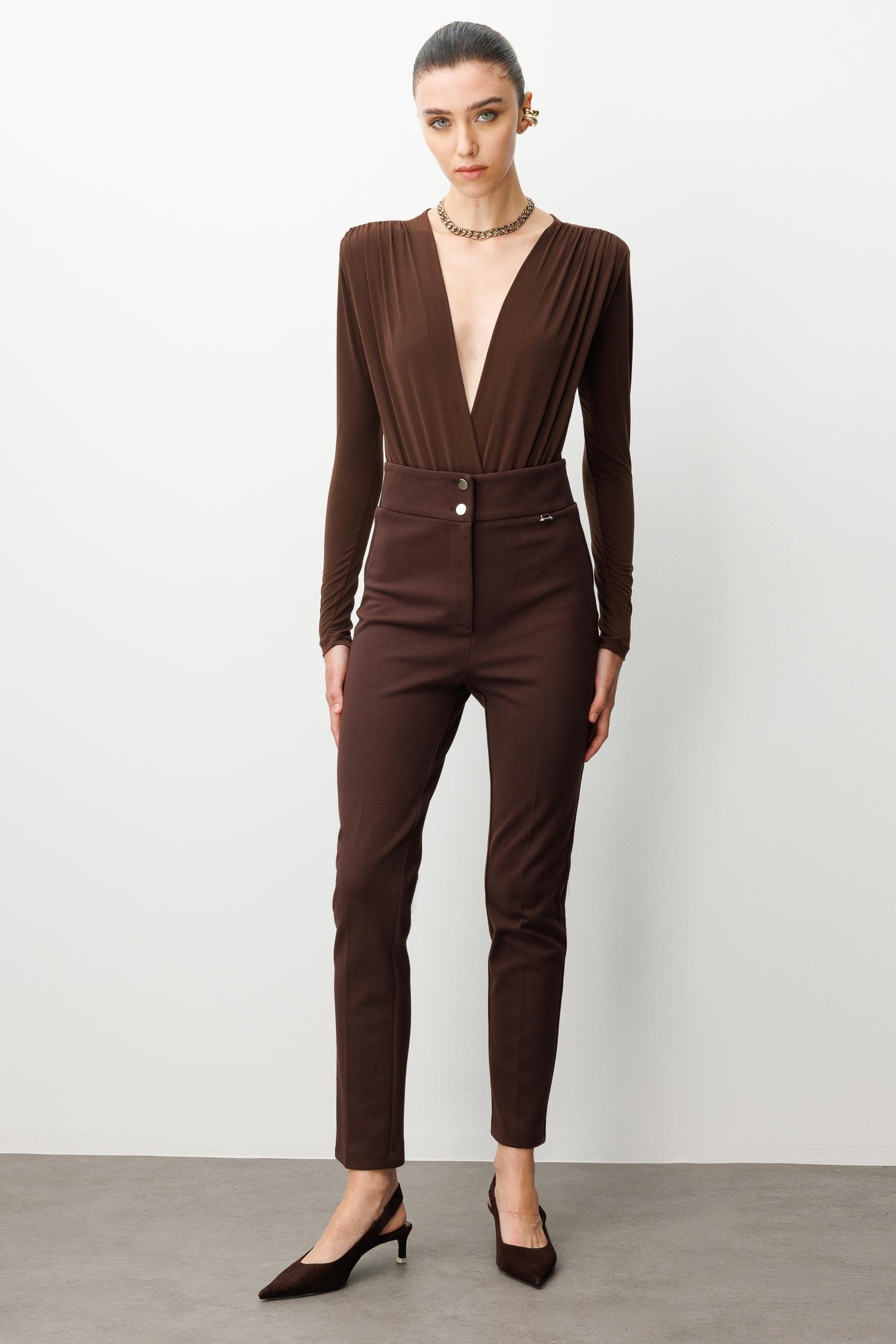 Modailgi  Bel Korsajı Lastikli Pantolon Kahve