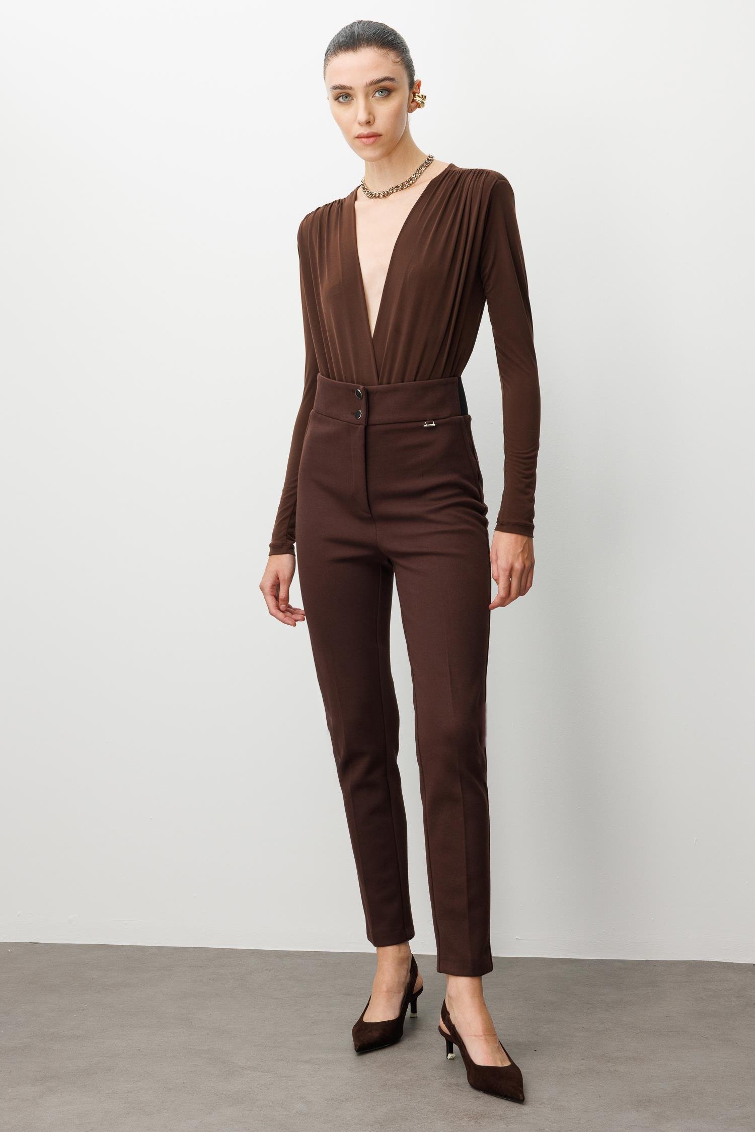 Modailgi  Bel Korsajı Lastikli Pantolon Kahve