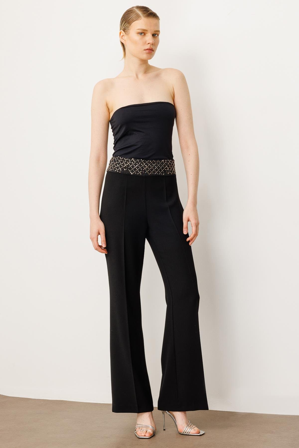 Modailgi  Bel Korsajı Taş Aksesuarlı Pantolon - 70053 Siyah