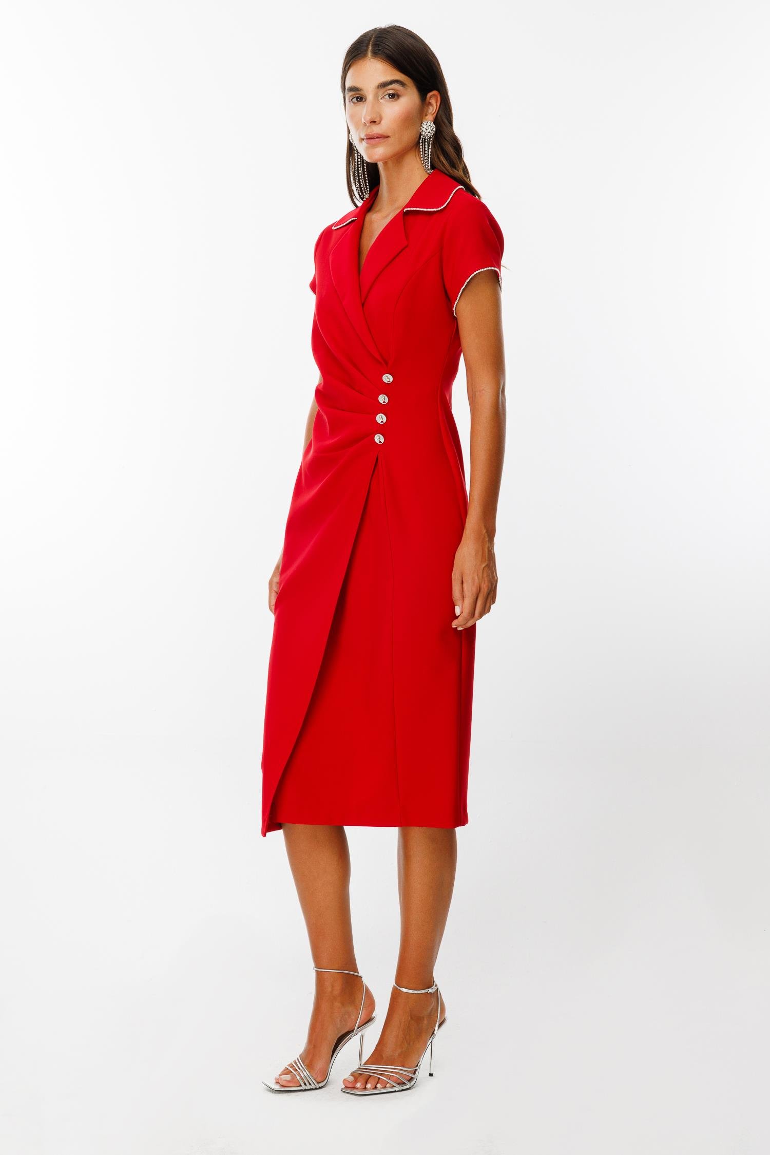 Modailgi  Belde Pile Detaylı Ay Kol Midi Boy Elbise Kırmızı
