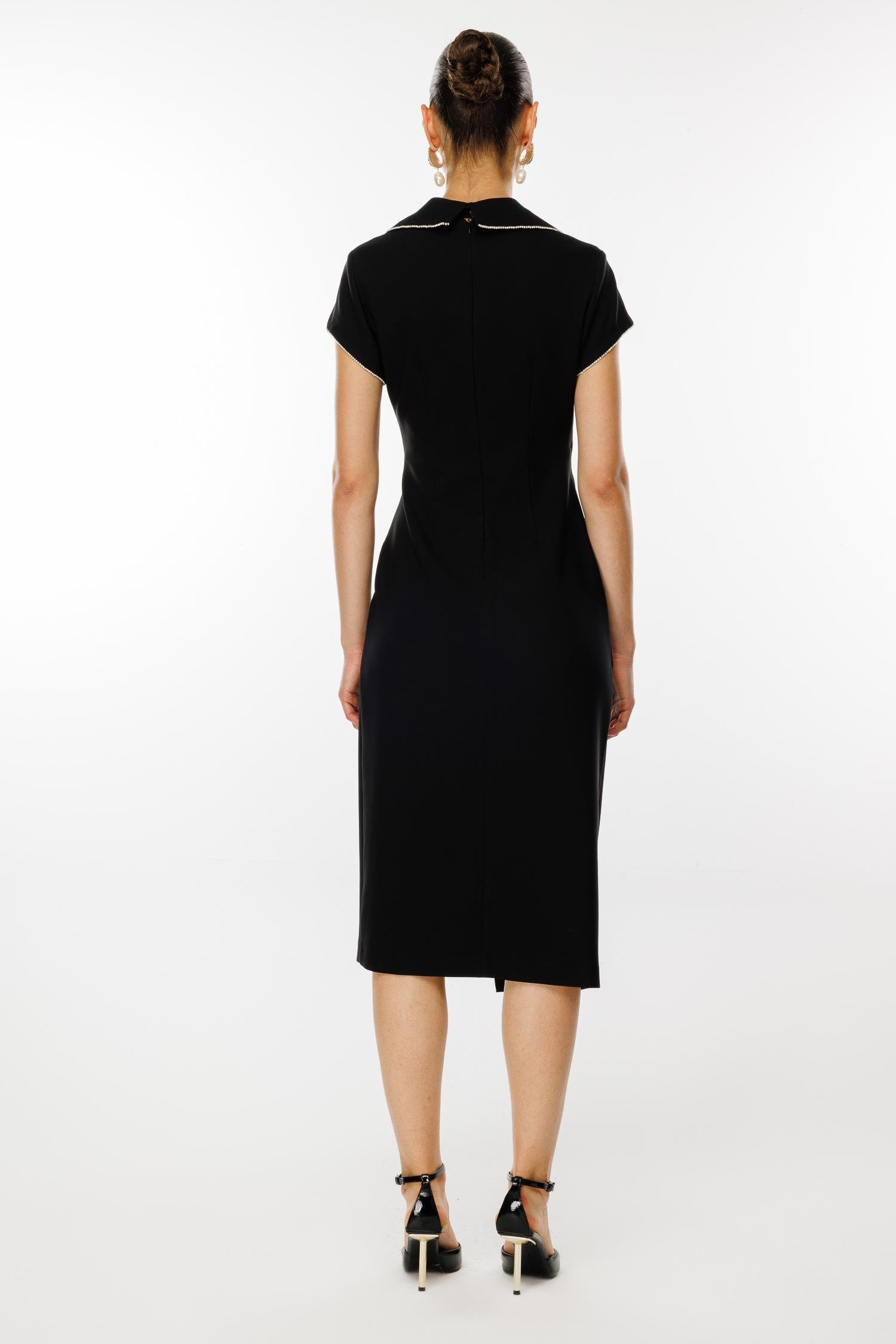 Modailgi  Belde Pile Detaylı Ay Kol Midi Boy Elbise Siyah