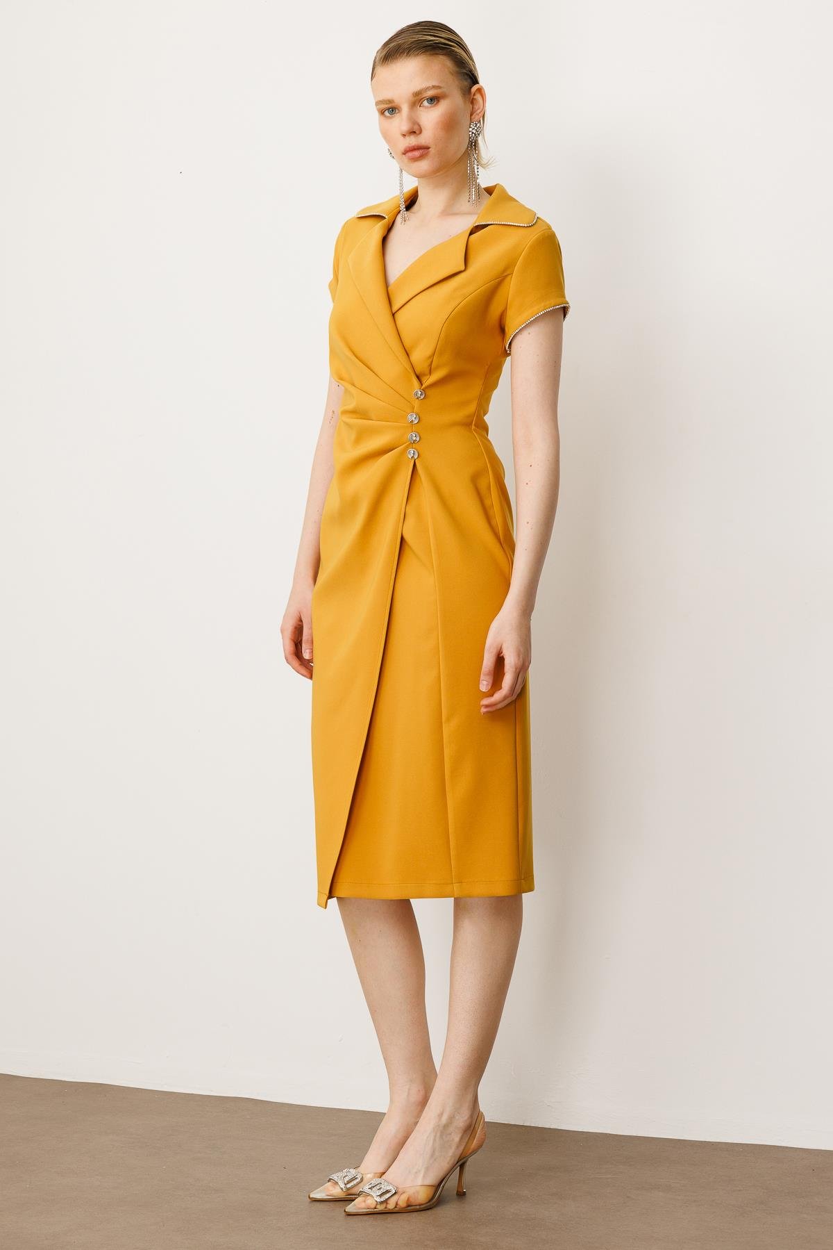 Modailgi  Belde Pile Detaylı Ay Kol Midi Boy Elbise Hardal