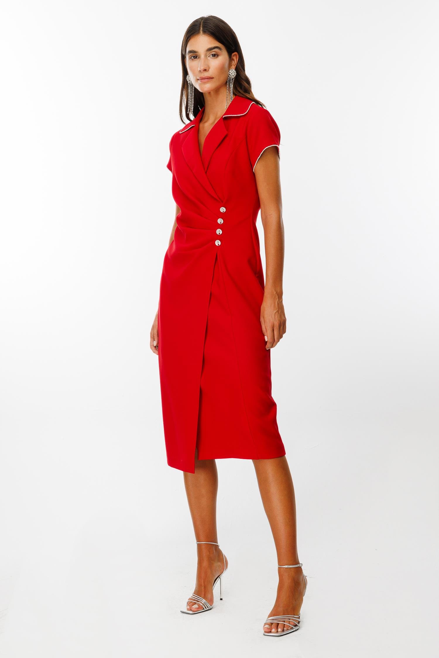 Modailgi  Belde Pile Detaylı Ay Kol Midi Boy Elbise Kırmızı