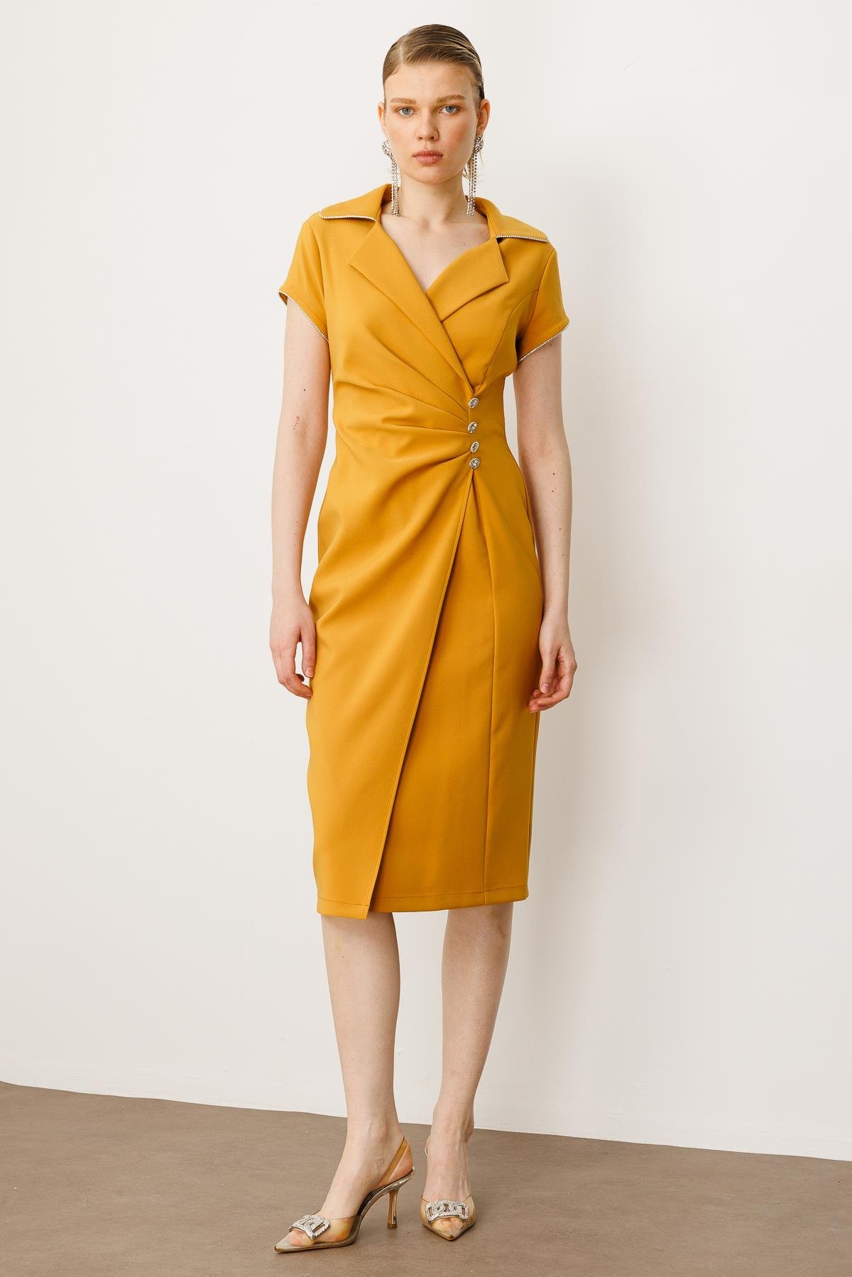 Modailgi  Belde Pile Detaylı Ay Kol Midi Boy Elbise Hardal