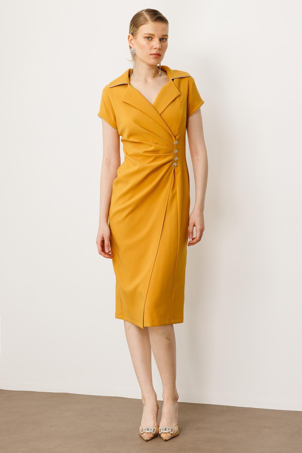 Modailgi  Belde Pile Detaylı Ay Kol Midi Boy Elbise Hardal