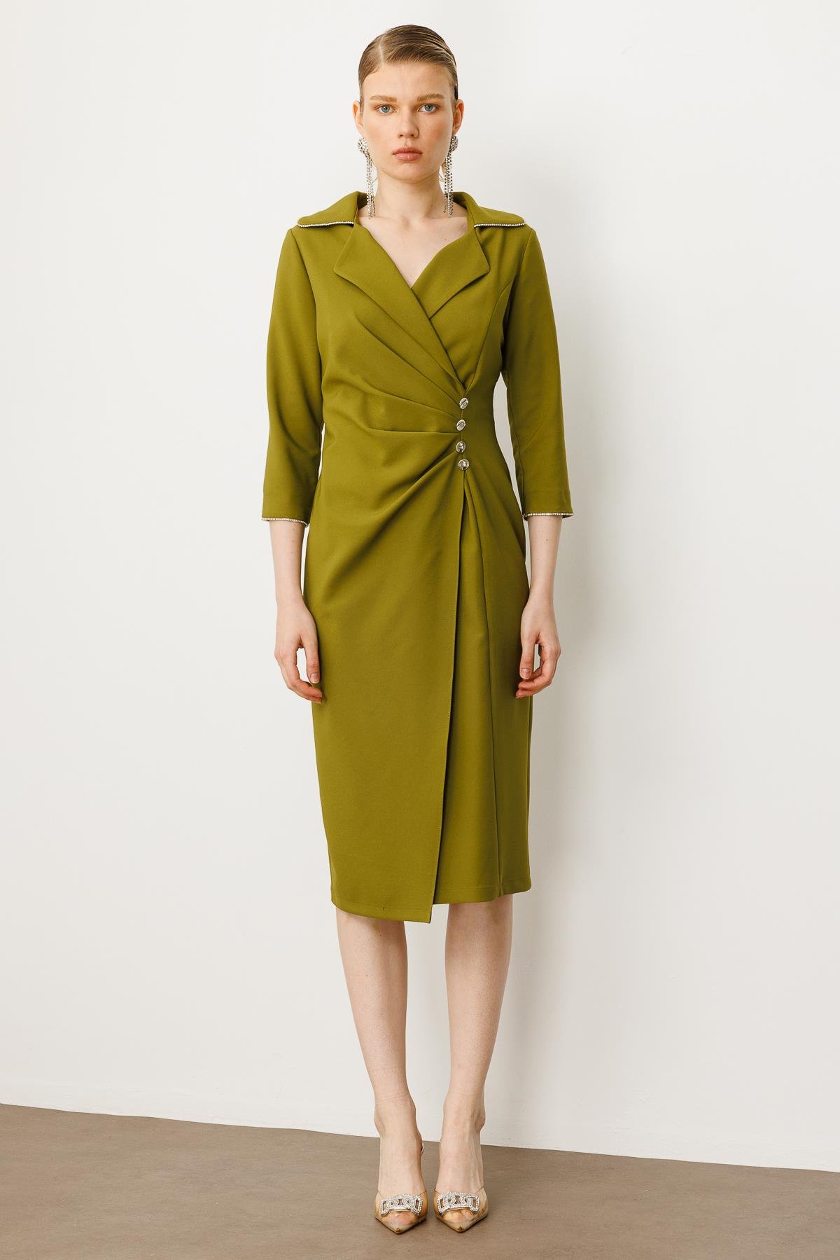 Modailgi  Belde Pile Detaylı Truvakar Kol Midi Boy Elbise Olive