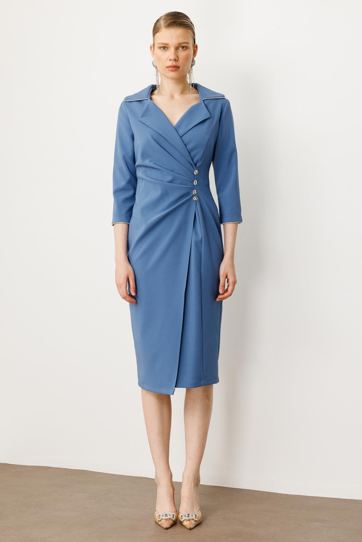 Modailgi  Belde Pile Detaylı Truvakar Kol Midi Boy Elbise Mavi