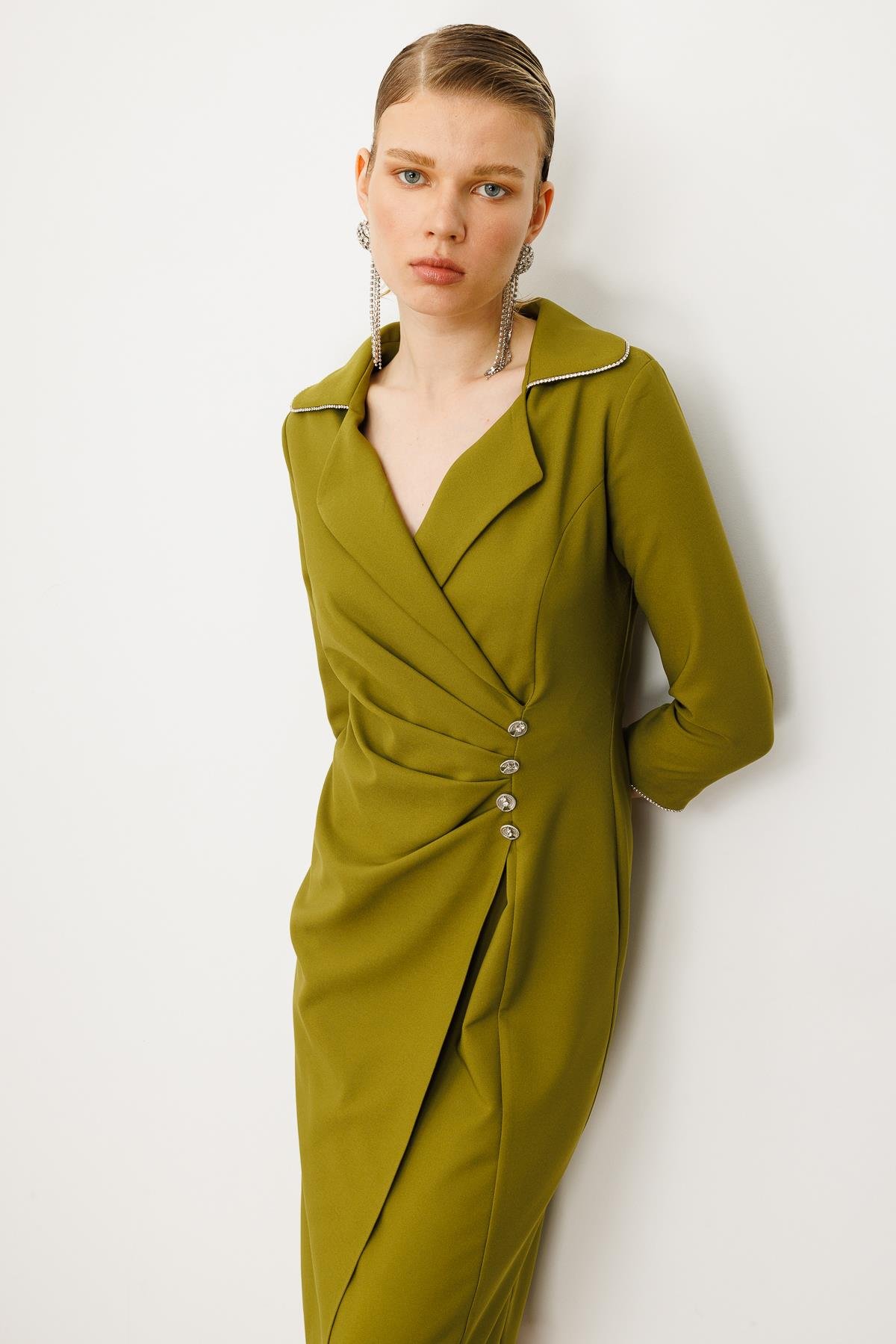 Modailgi  Belde Pile Detaylı Truvakar Kol Midi Boy Elbise Olive