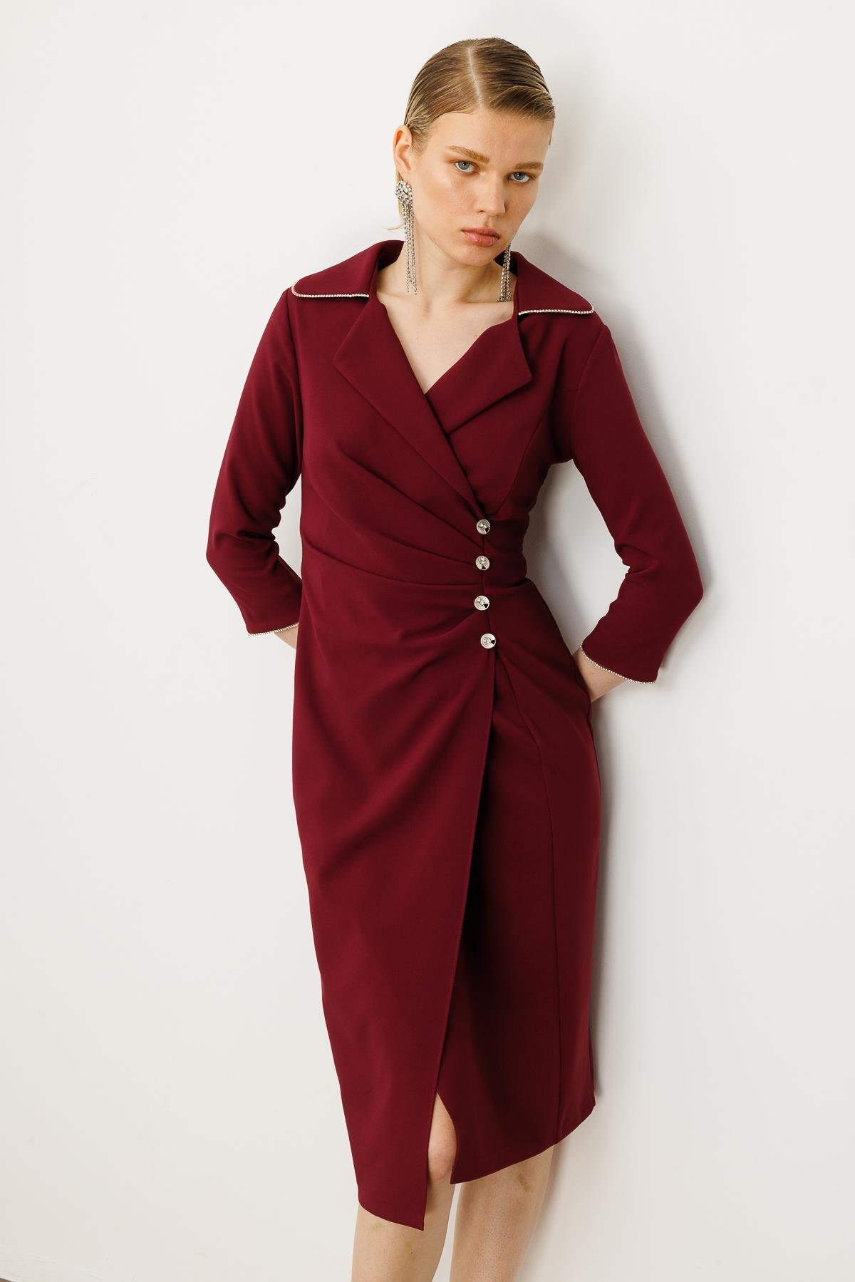 Modailgi  Belde Pile Detaylı Truvakar Kol Midi Boy Elbise Mürdüm