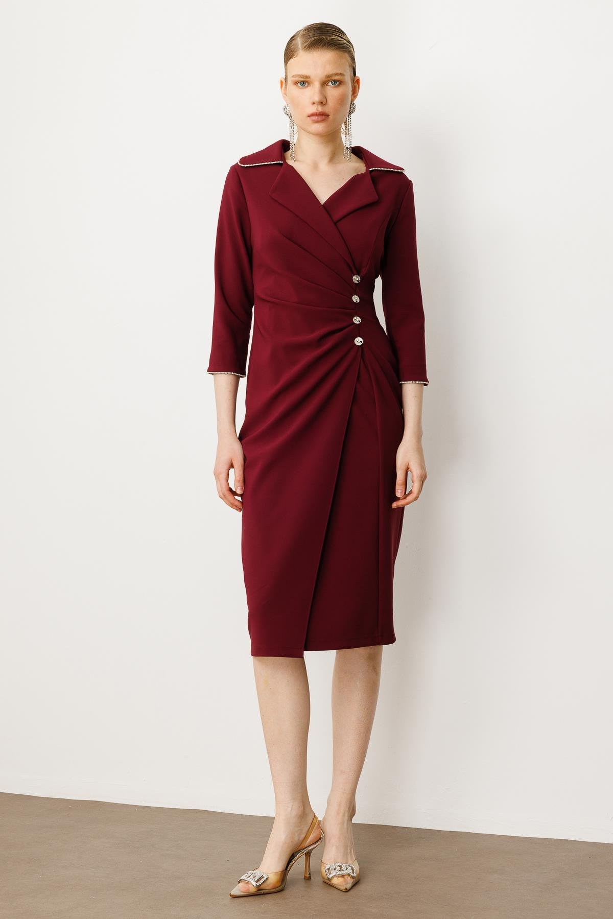 Modailgi  Belde Pile Detaylı Truvakar Kol Midi Boy Elbise Mürdüm