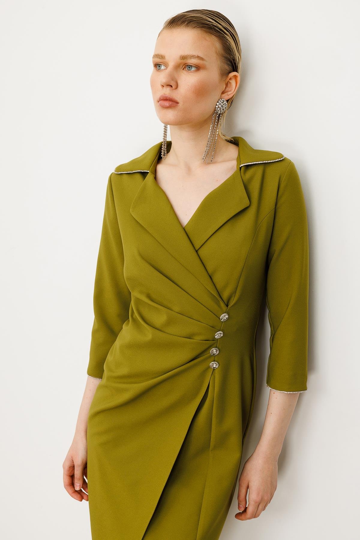 Modailgi  Belde Pile Detaylı Truvakar Kol Midi Boy Elbise Olive