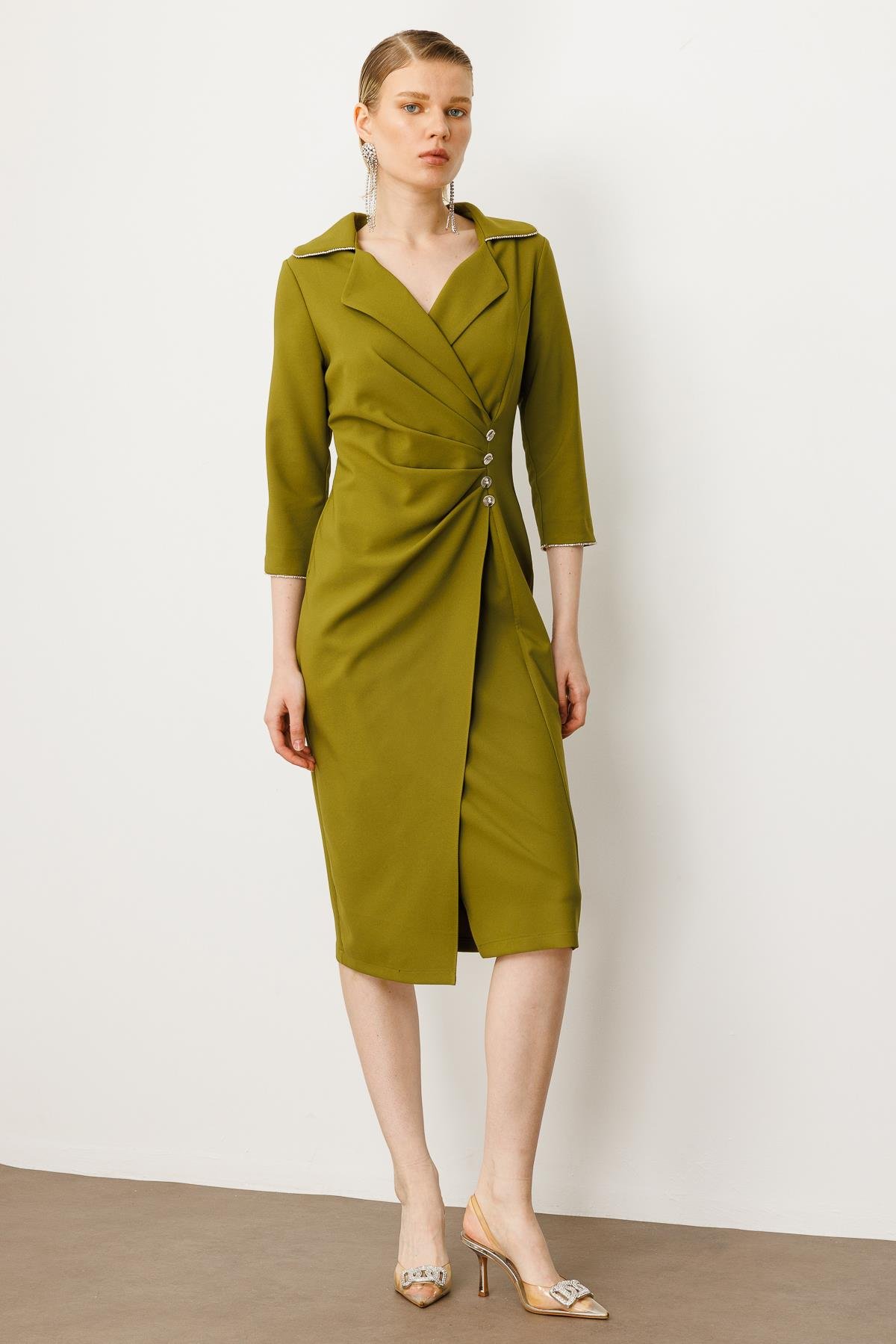 Modailgi  Belde Pile Detaylı Truvakar Kol Midi Boy Elbise Olive