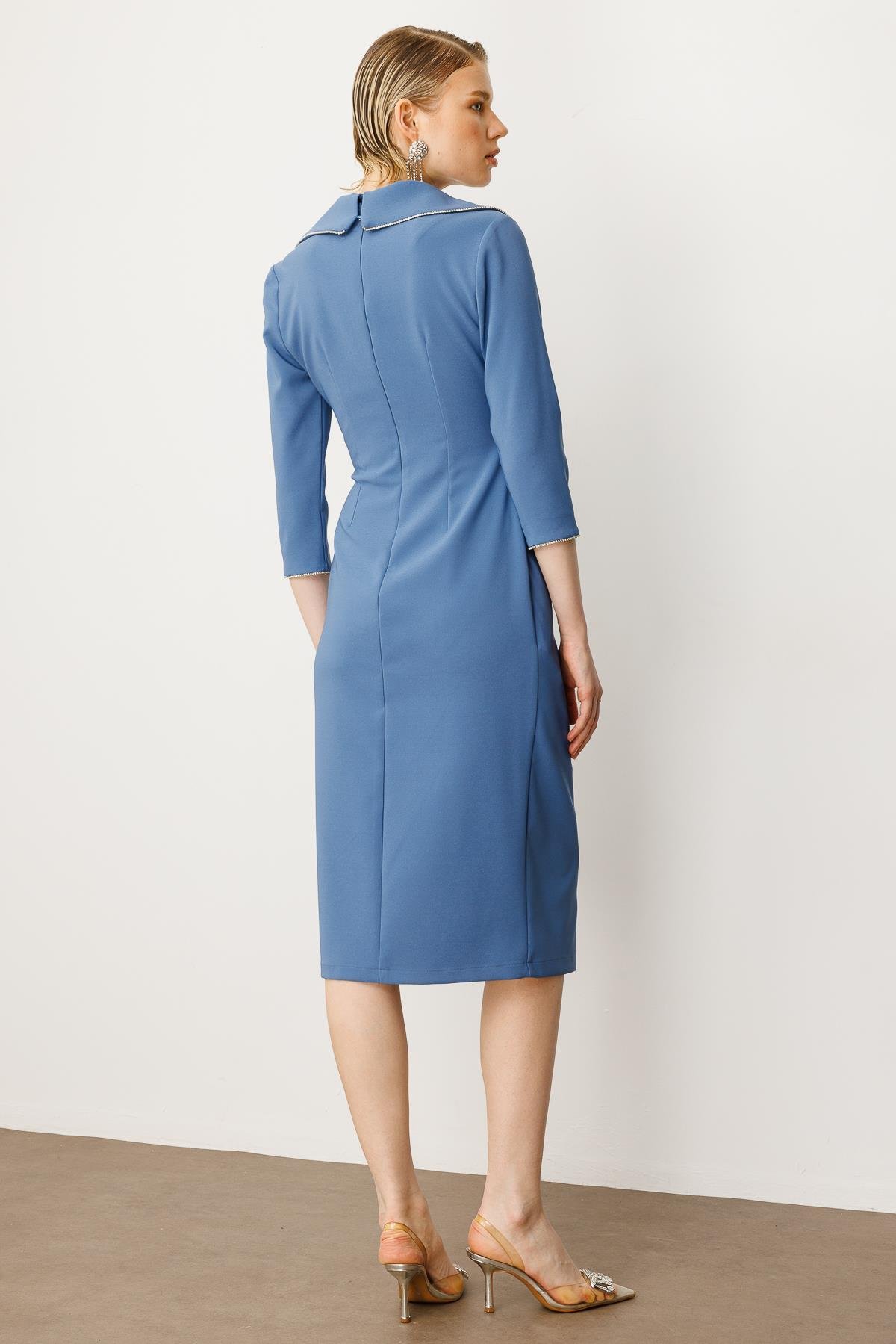 Modailgi  Belde Pile Detaylı Truvakar Kol Midi Boy Elbise Mavi