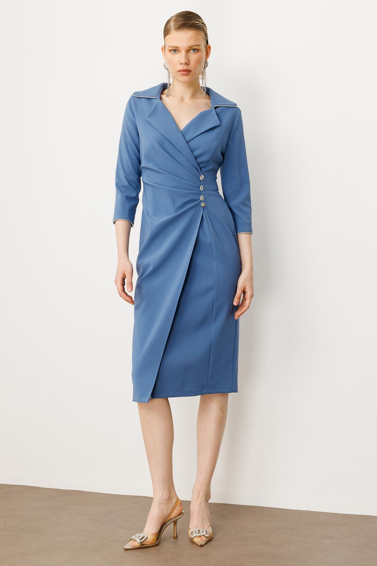 Modailgi  Belde Pile Detaylı Truvakar Kol Midi Boy Elbise Mavi