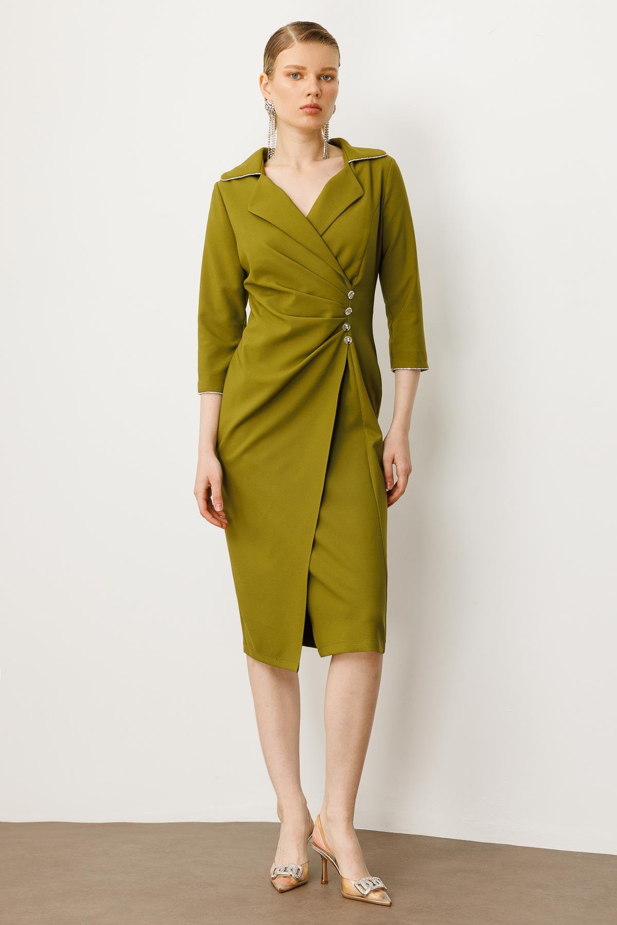 Modailgi  Belde Pile Detaylı Truvakar Kol Midi Boy Elbise Olive