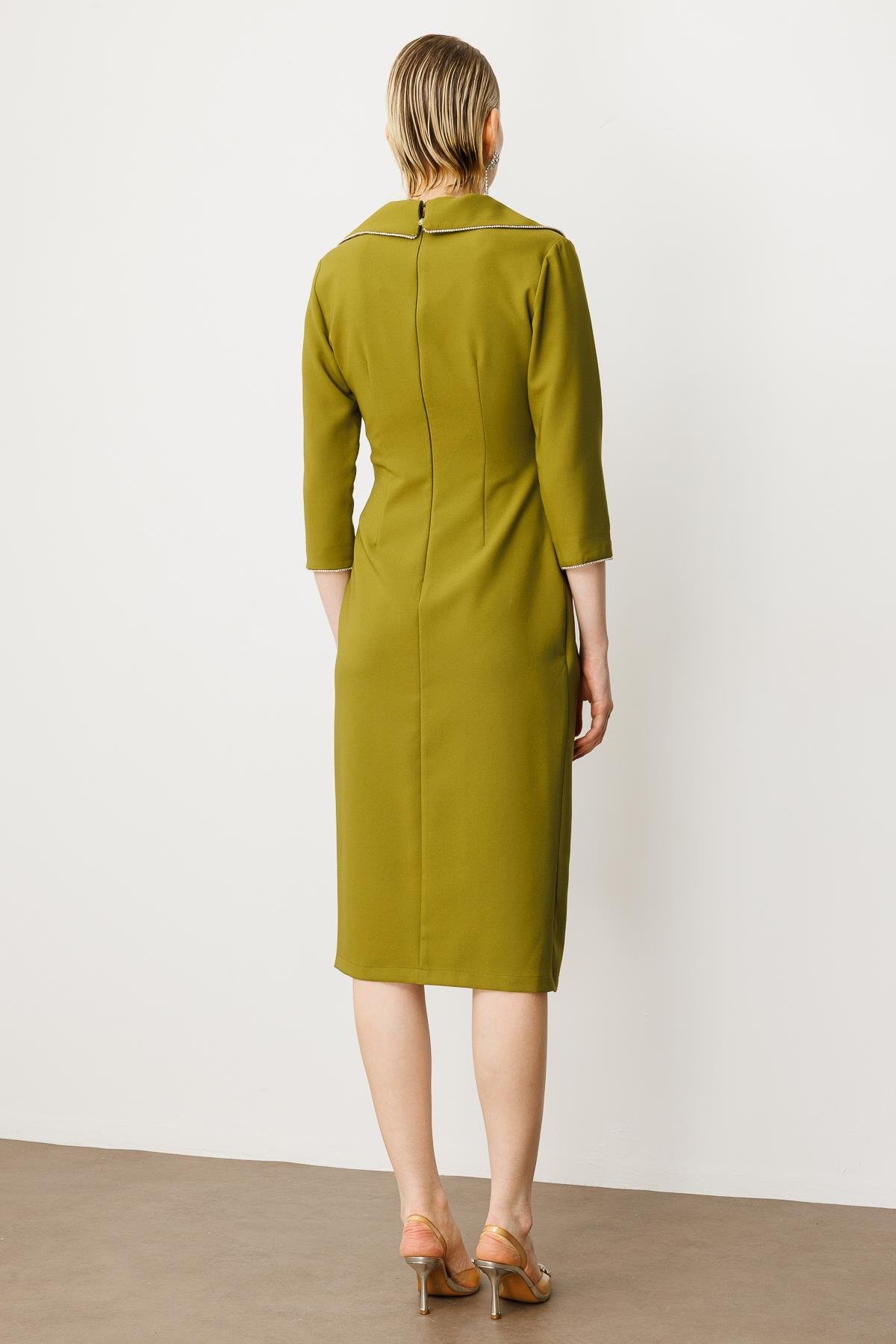 Modailgi  Belde Pile Detaylı Truvakar Kol Midi Boy Elbise Olive