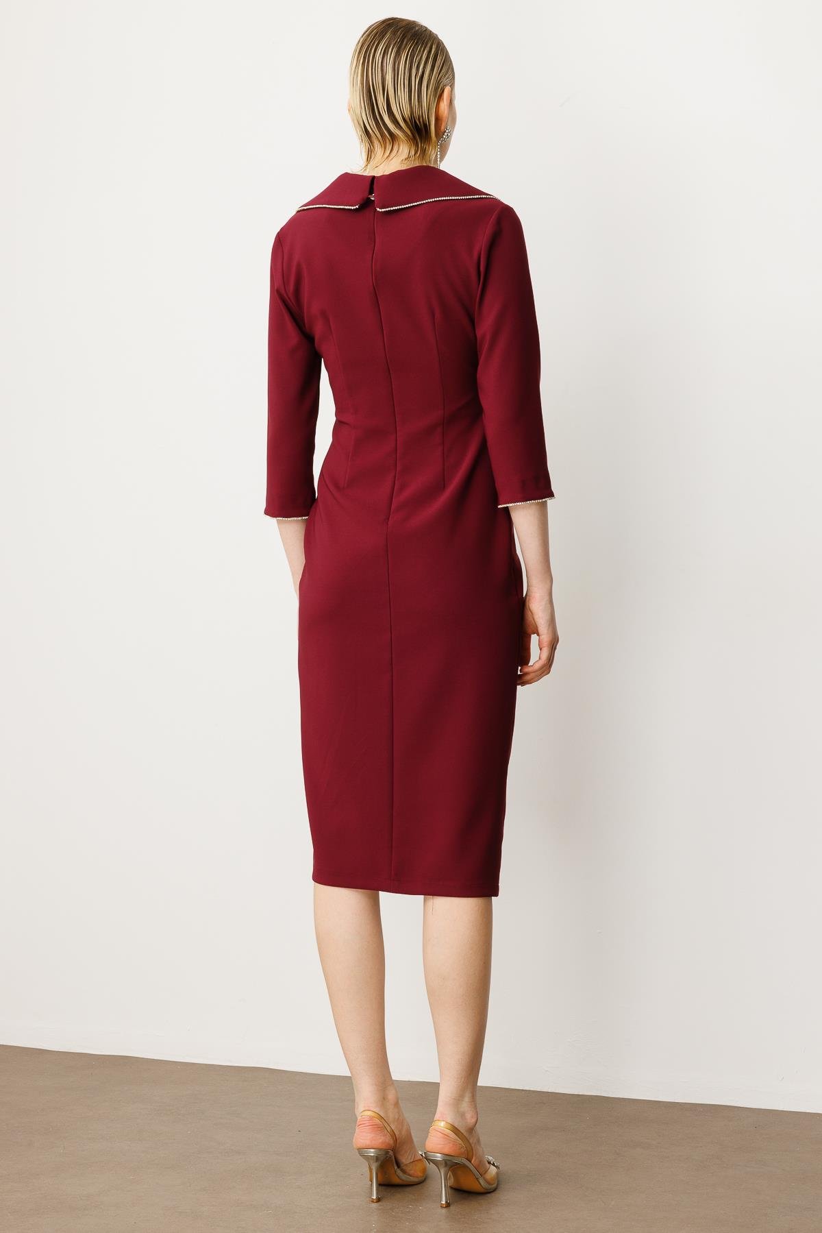 Modailgi  Belde Pile Detaylı Truvakar Kol Midi Boy Elbise Mürdüm