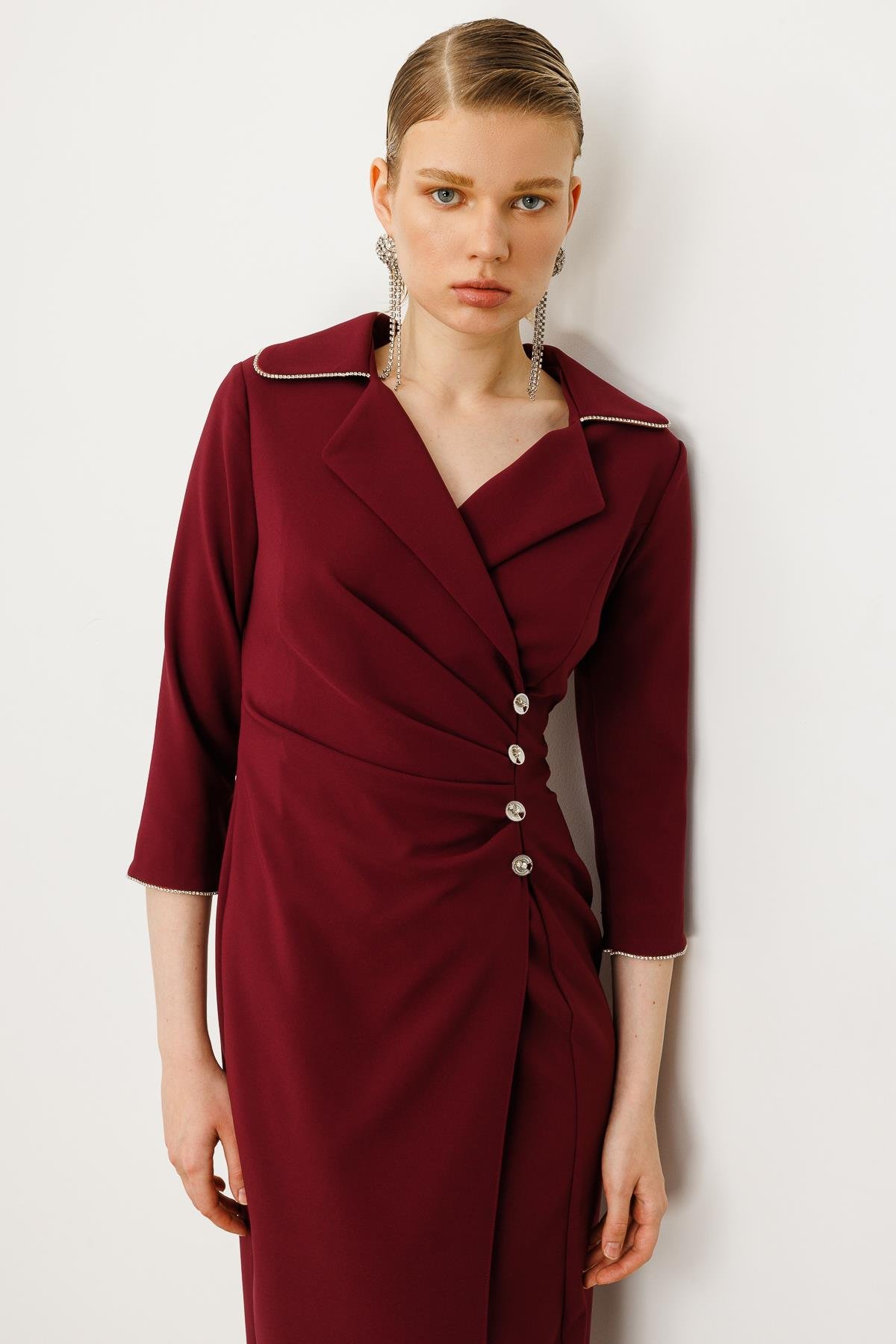 Modailgi  Belde Pile Detaylı Truvakar Kol Midi Boy Elbise Mürdüm