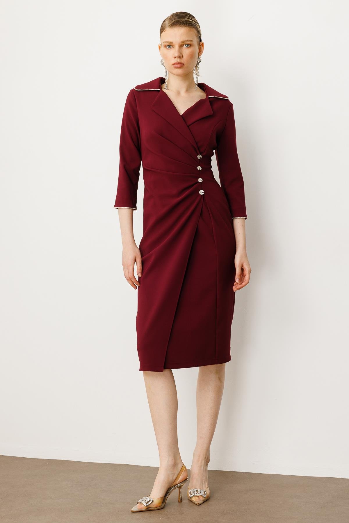 Modailgi  Belde Pile Detaylı Truvakar Kol Midi Boy Elbise Mürdüm