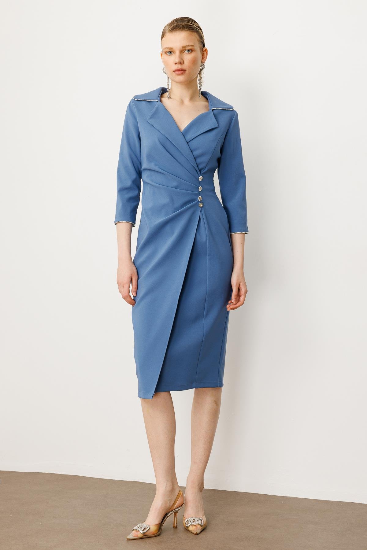 Modailgi  Belde Pile Detaylı Truvakar Kol Midi Boy Elbise Mavi